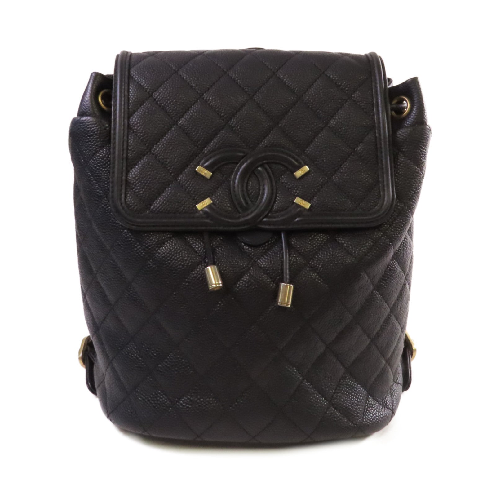 CHANEL 菱格Caviar皮革Backpack金扣背包黑色