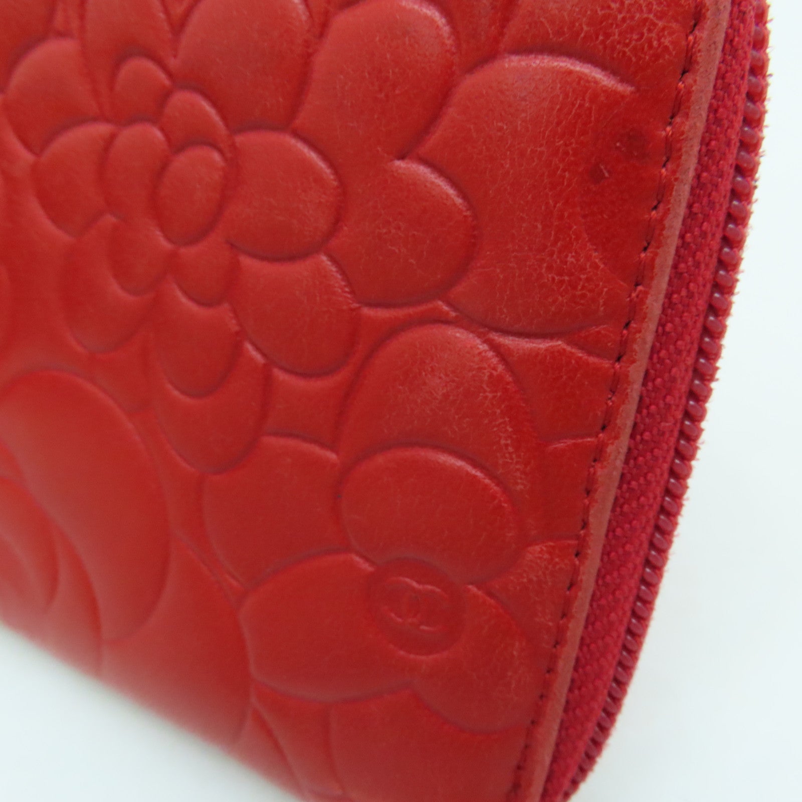 CHANEL Sheepskin Leather Long Wallet Silver Buckle Long Wallet Red