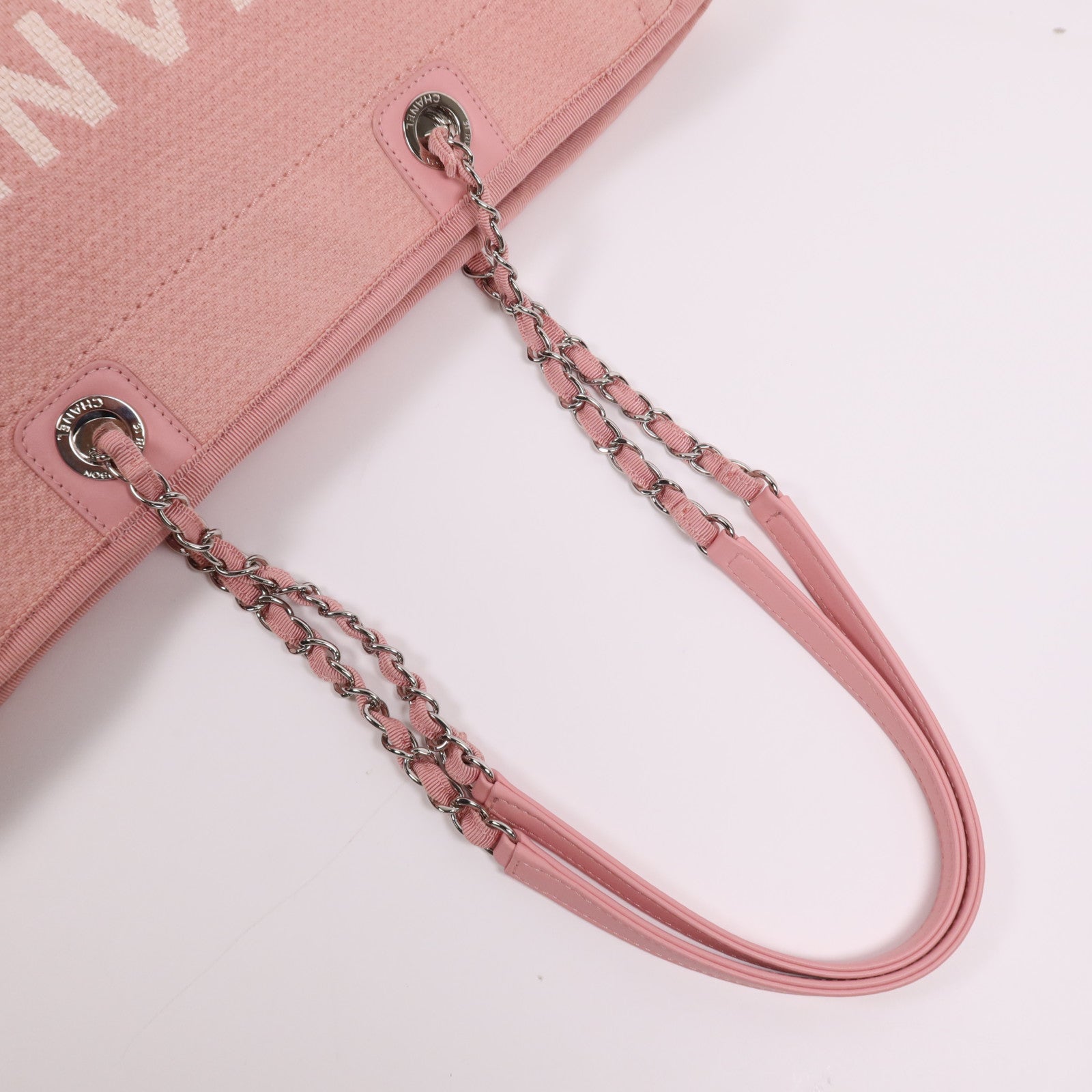 CHANEL 帆布Deauville Tote銀扣鏈帶肩背袋