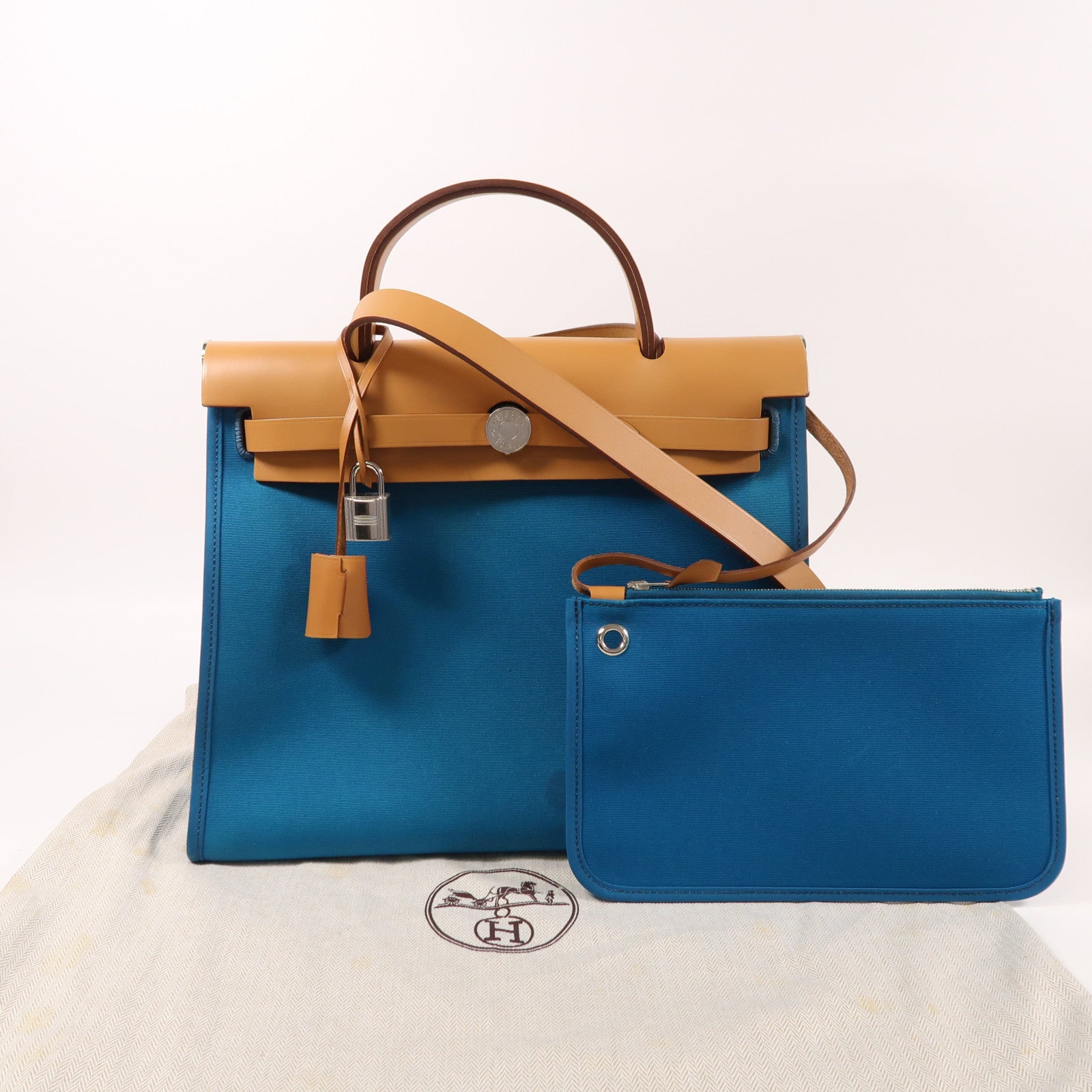 HERMES 【激減優惠】帆布Herbag PM銀扣手挽肩背兩用袋Bleu Aztequ