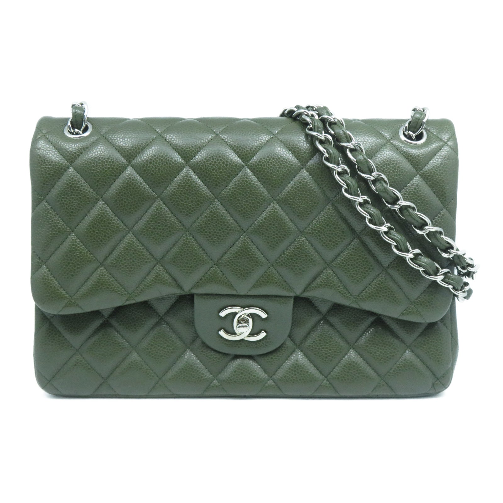 CHANEL **【激減優惠】Caviar皮革Classic Jumbo銀扣鏈帶肩背袋綠色