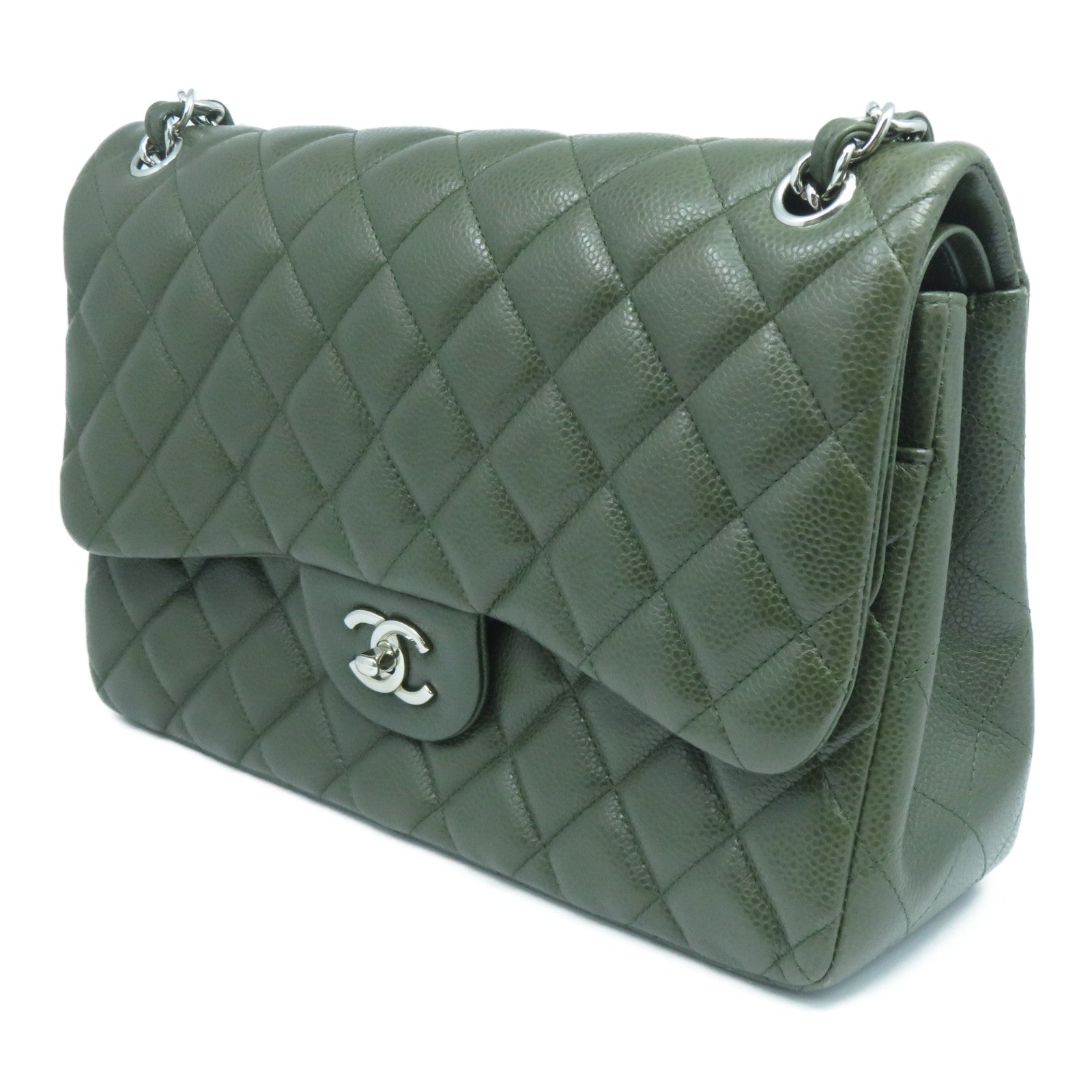 CHANEL **【激減優惠】Caviar皮革Classic Jumbo銀扣鏈帶肩背袋綠色