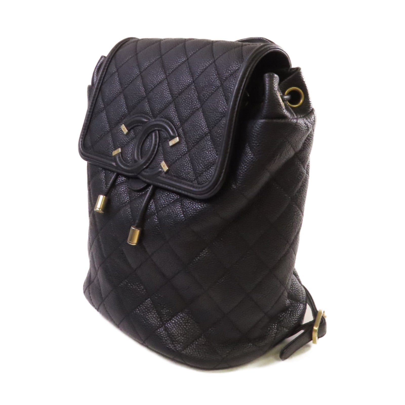 CHANEL 菱格Caviar皮革Backpack金扣背包黑色