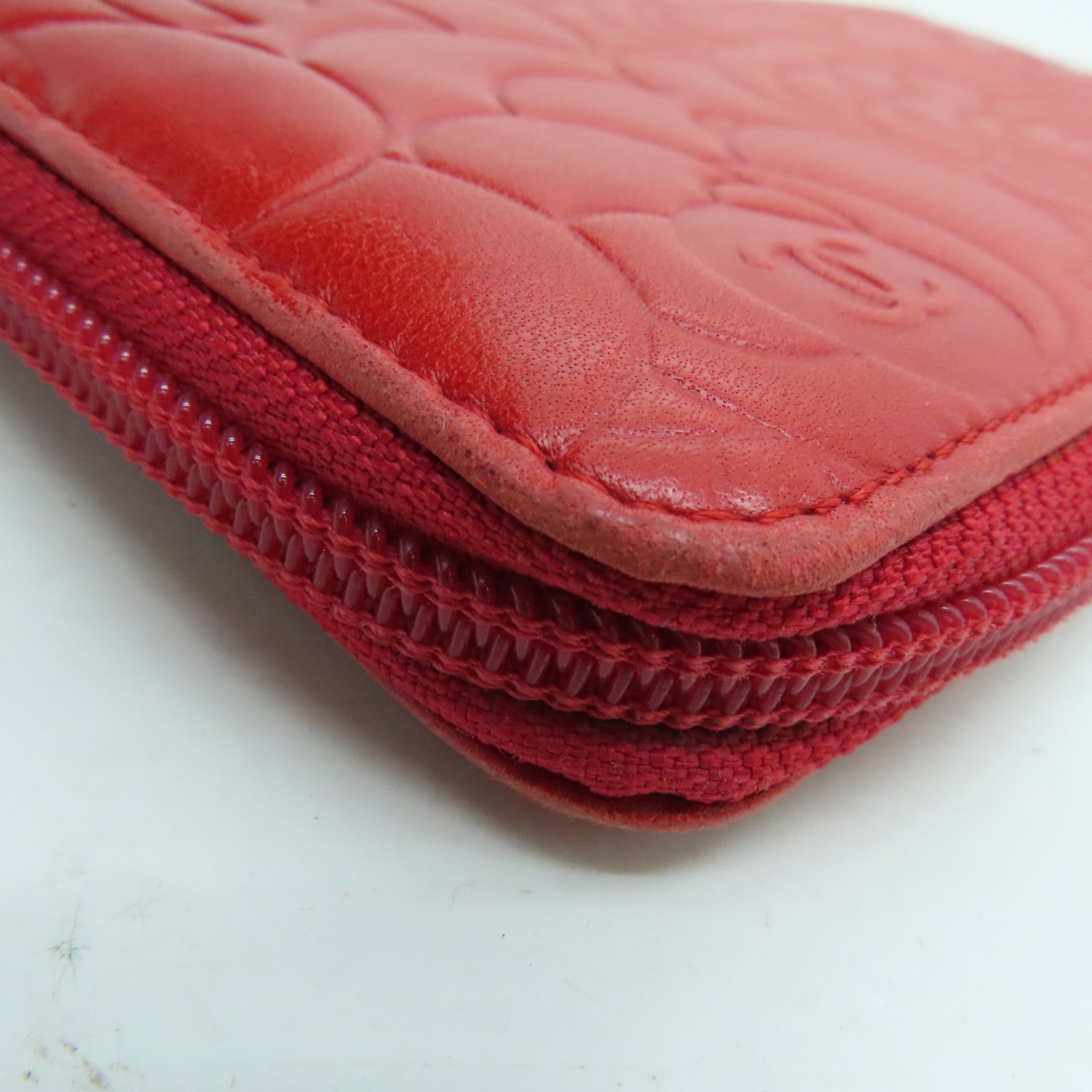 CHANEL Sheepskin Leather Long Wallet Silver Buckle Long Wallet Red