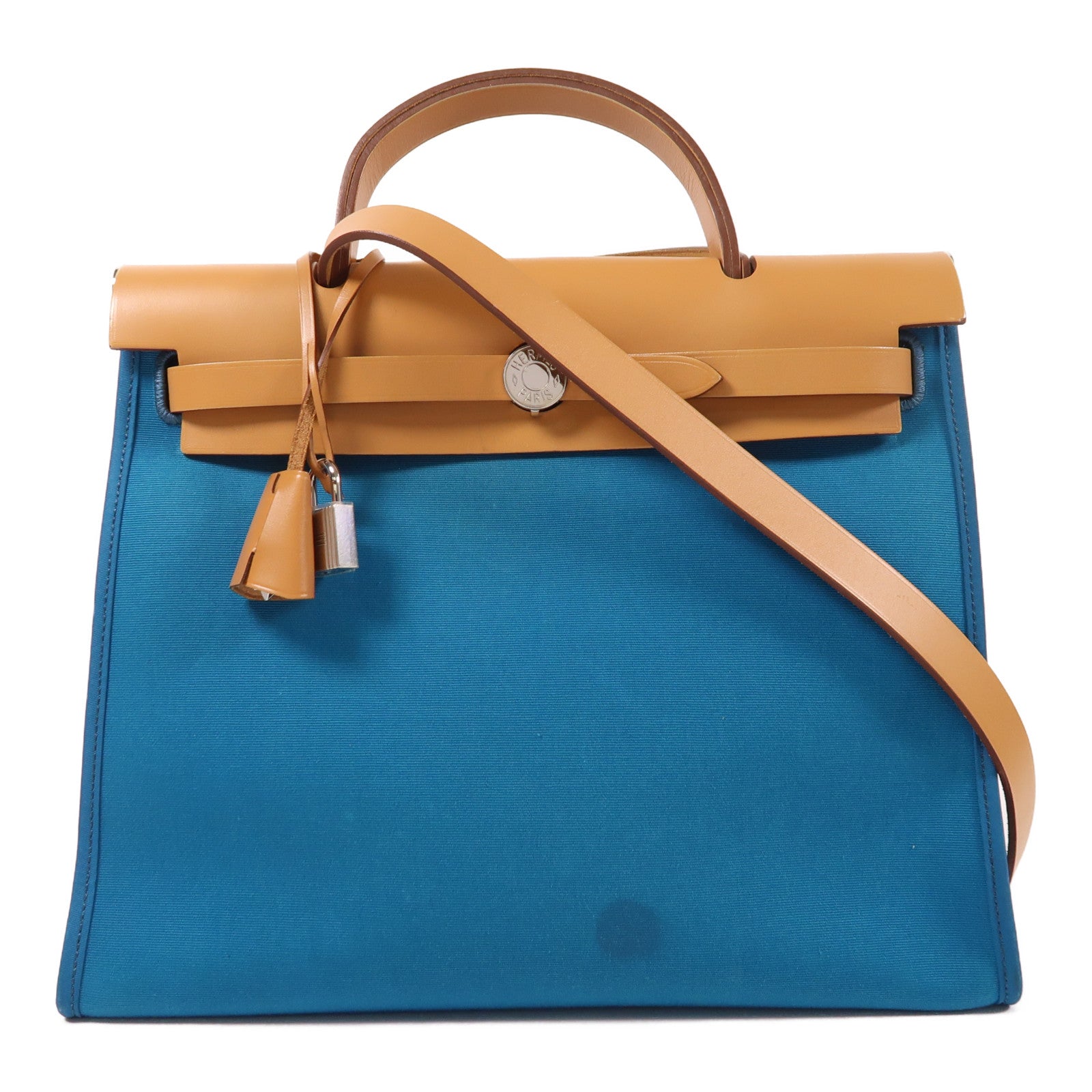 HERMES 【激減優惠】帆布Herbag PM銀扣手挽肩背兩用袋Bleu Aztequ