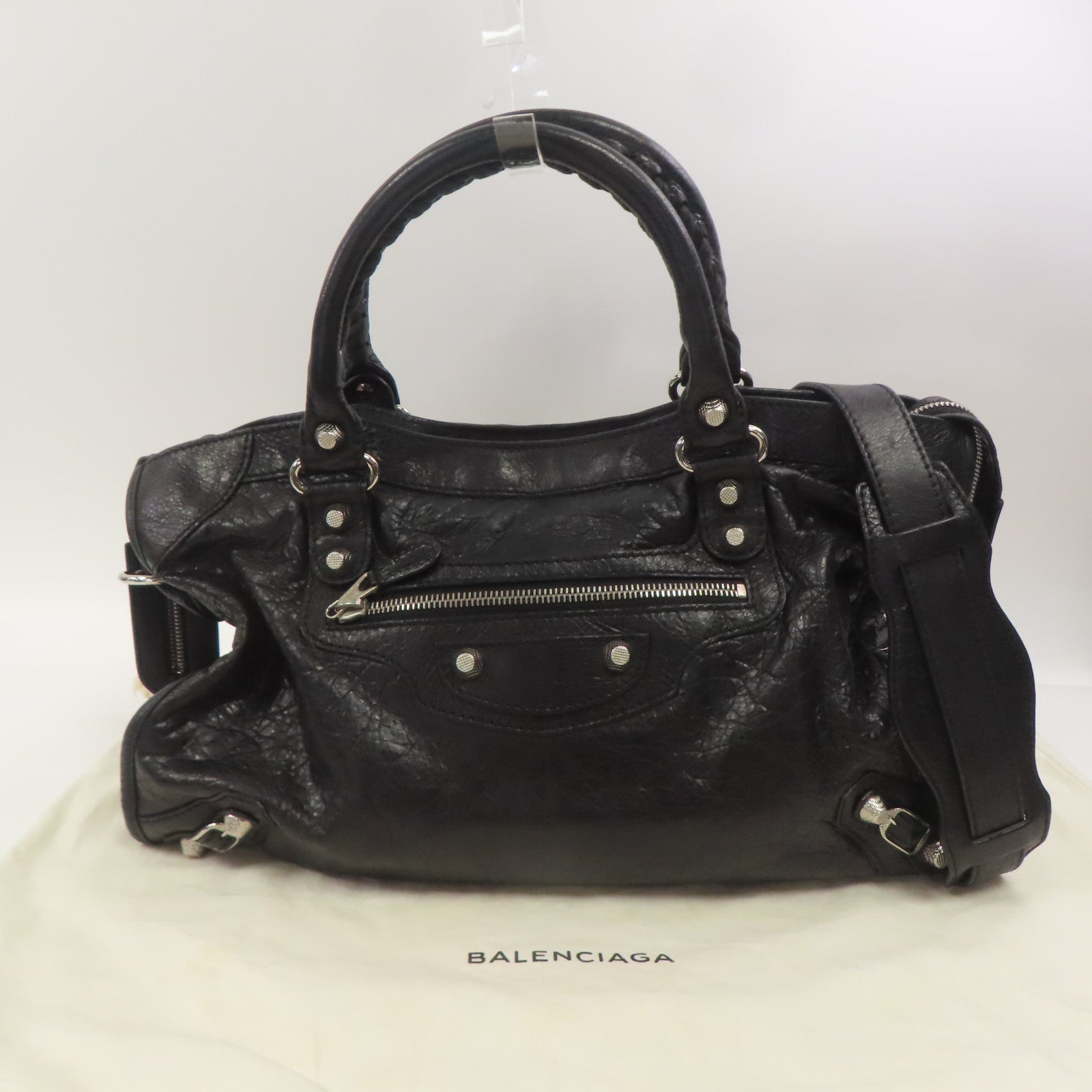 BALENCIAGA 牛皮皮革Giant City Bag銀扣手挽肩背兩用袋黑色