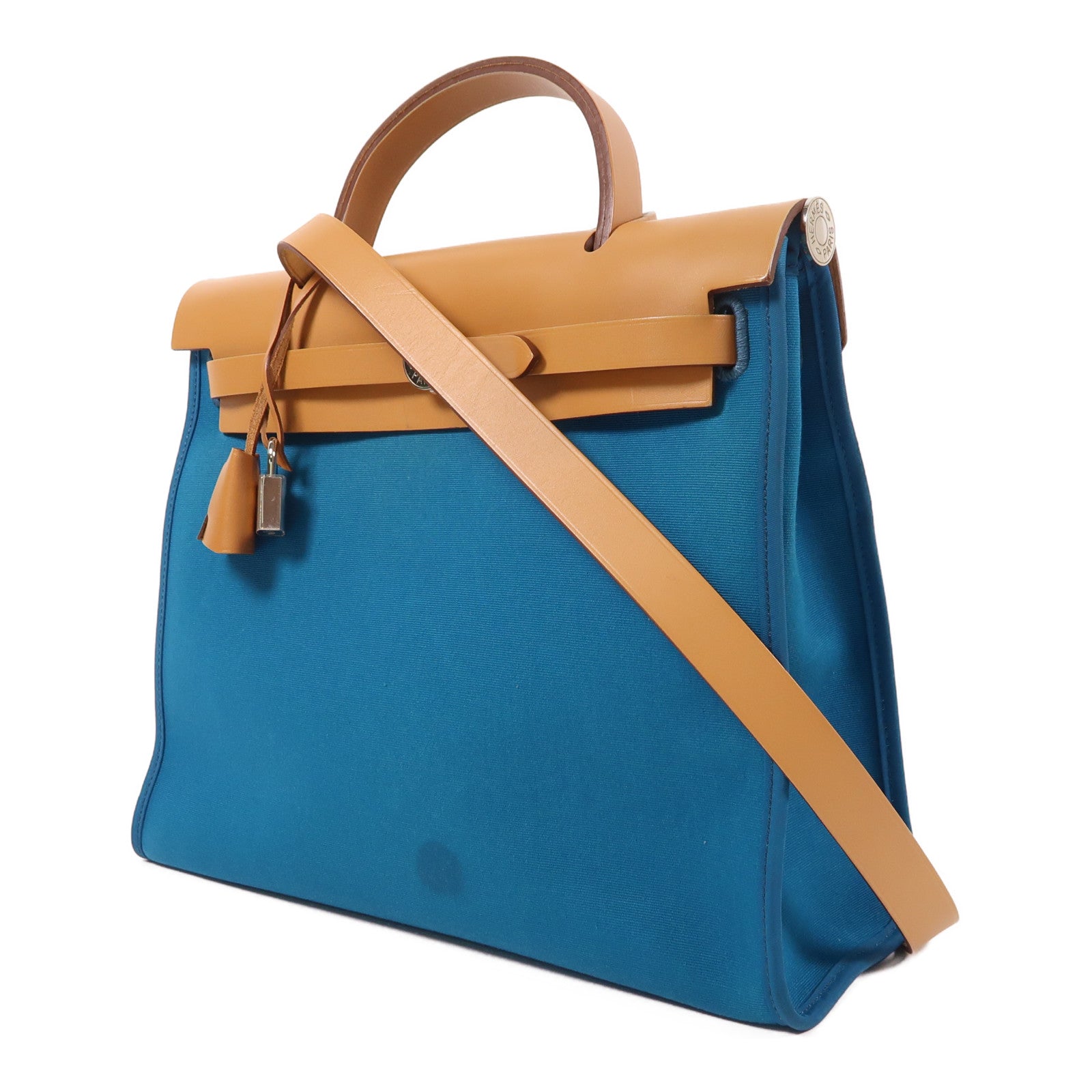 HERMES 帆布Herbag PM銀扣手挽肩背兩用袋Bleu Aztequ