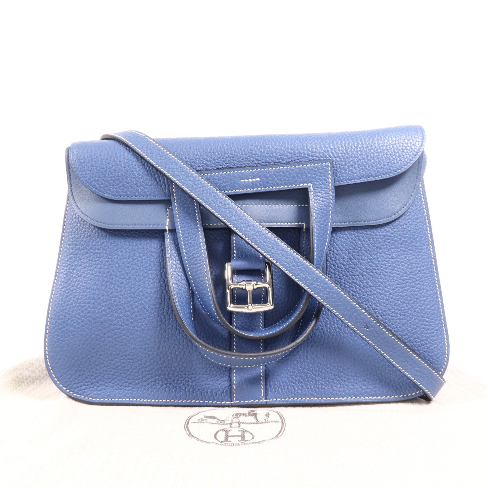 HERMES Clemence皮革 Halzan 31銀扣手挽肩背兩用袋Bleu Agat