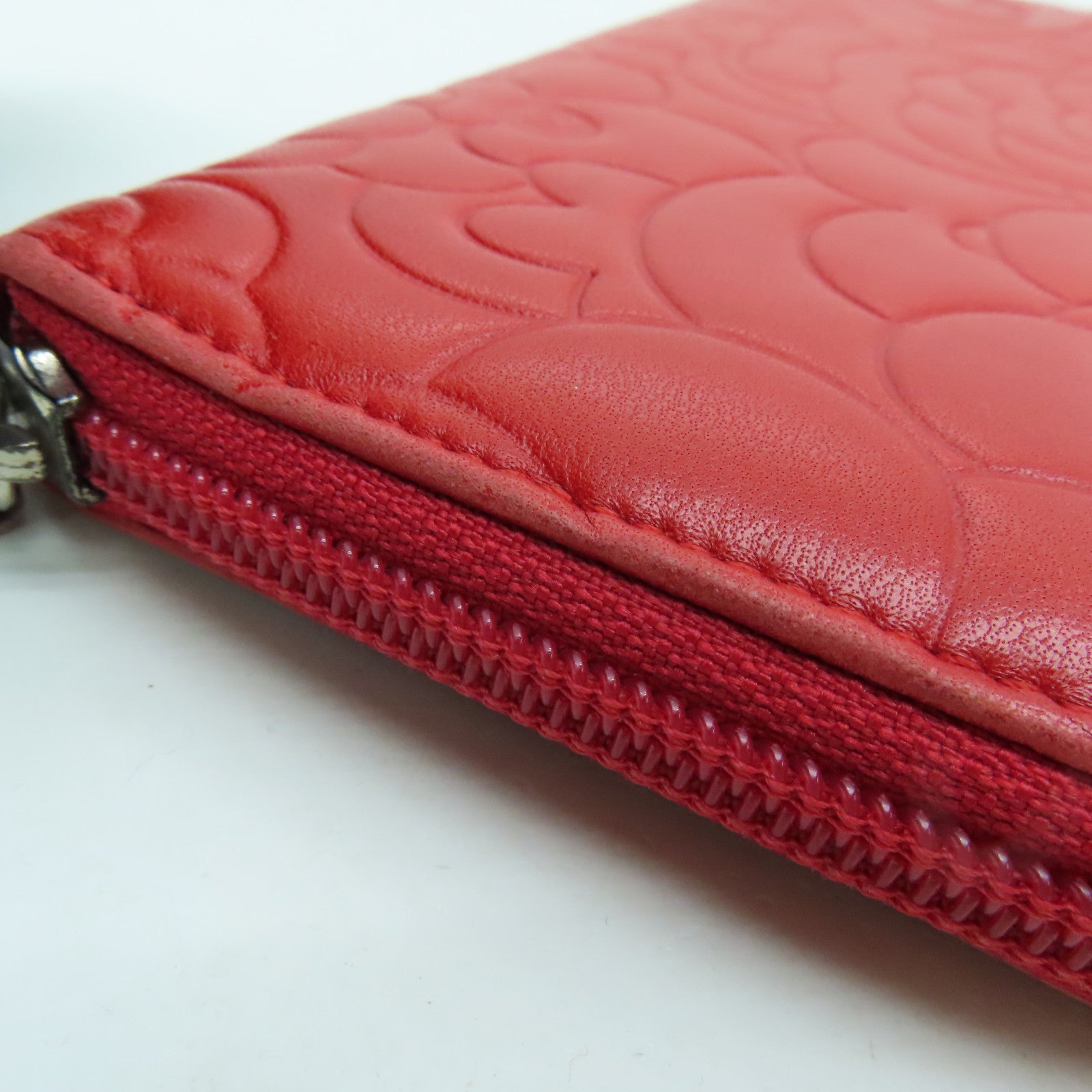 CHANEL Sheepskin Leather Long Wallet Silver Buckle Long Wallet Red