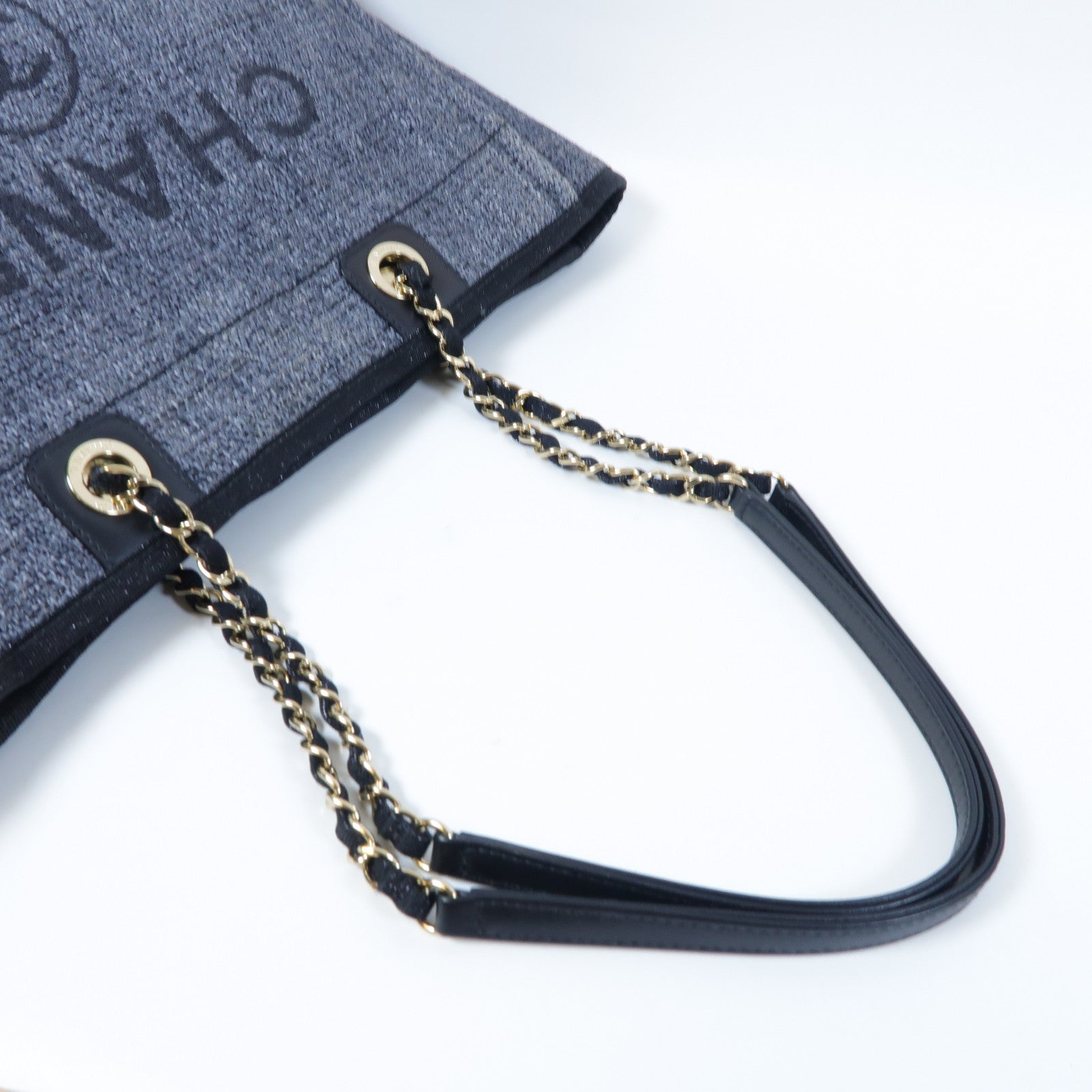 CHANEL 帆布Deauville Tote金扣手挽袋藍色
