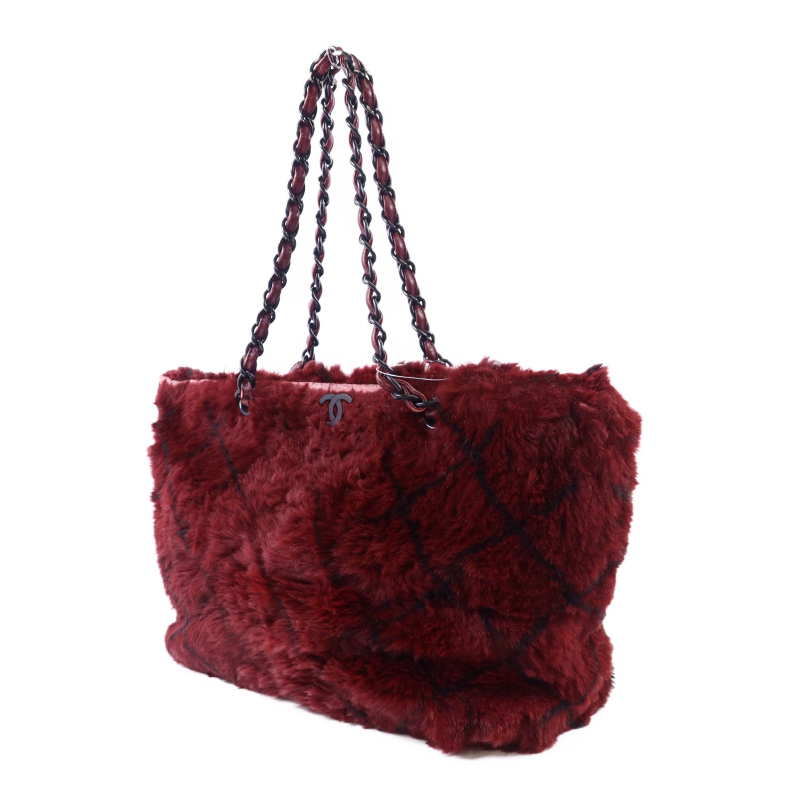 CHANEL 兔毛Shoulder Bag黑扣鏈帶肩背袋