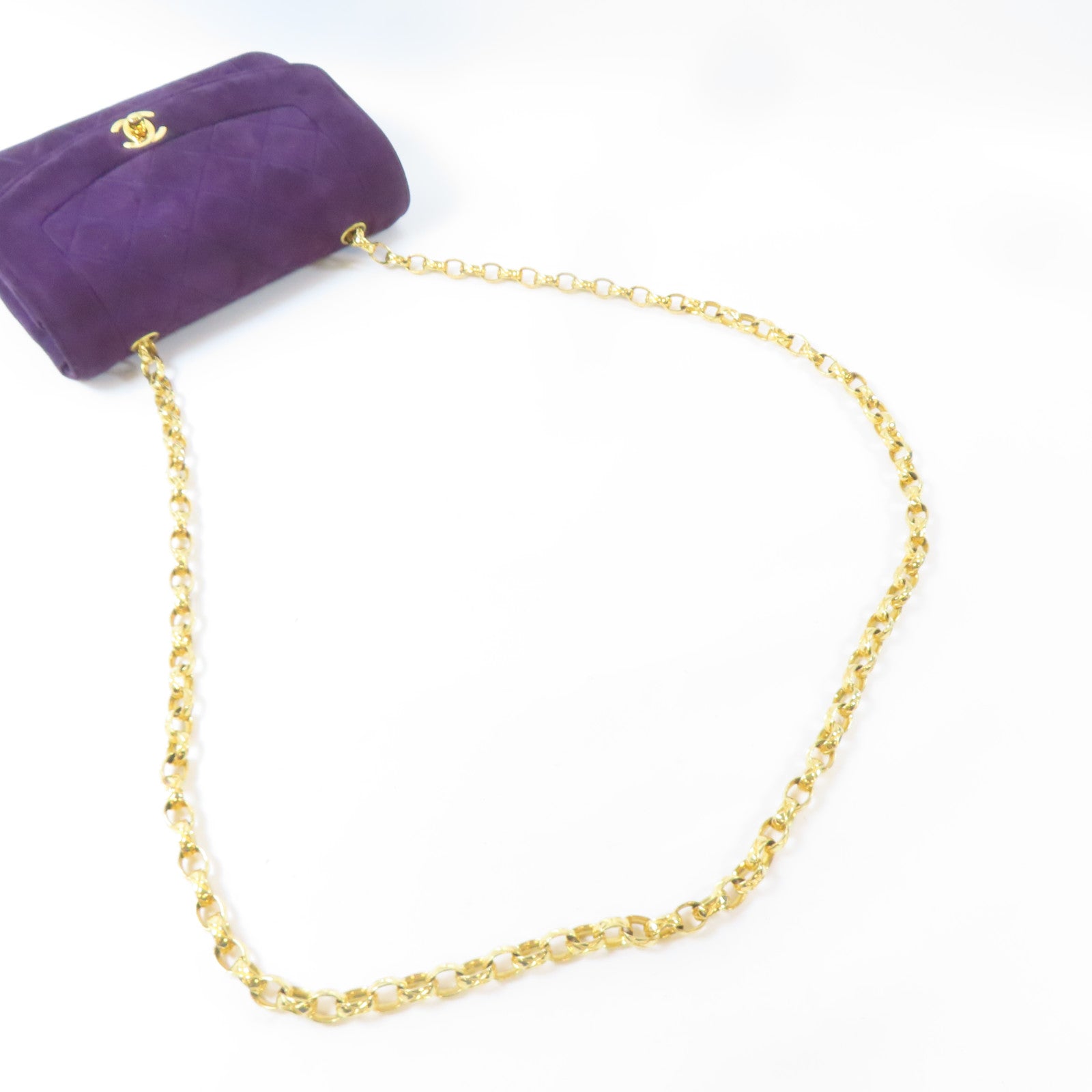 CHANEL 菱格絨布Chain Shoulder Bag金扣鏈帶肩背袋紫色