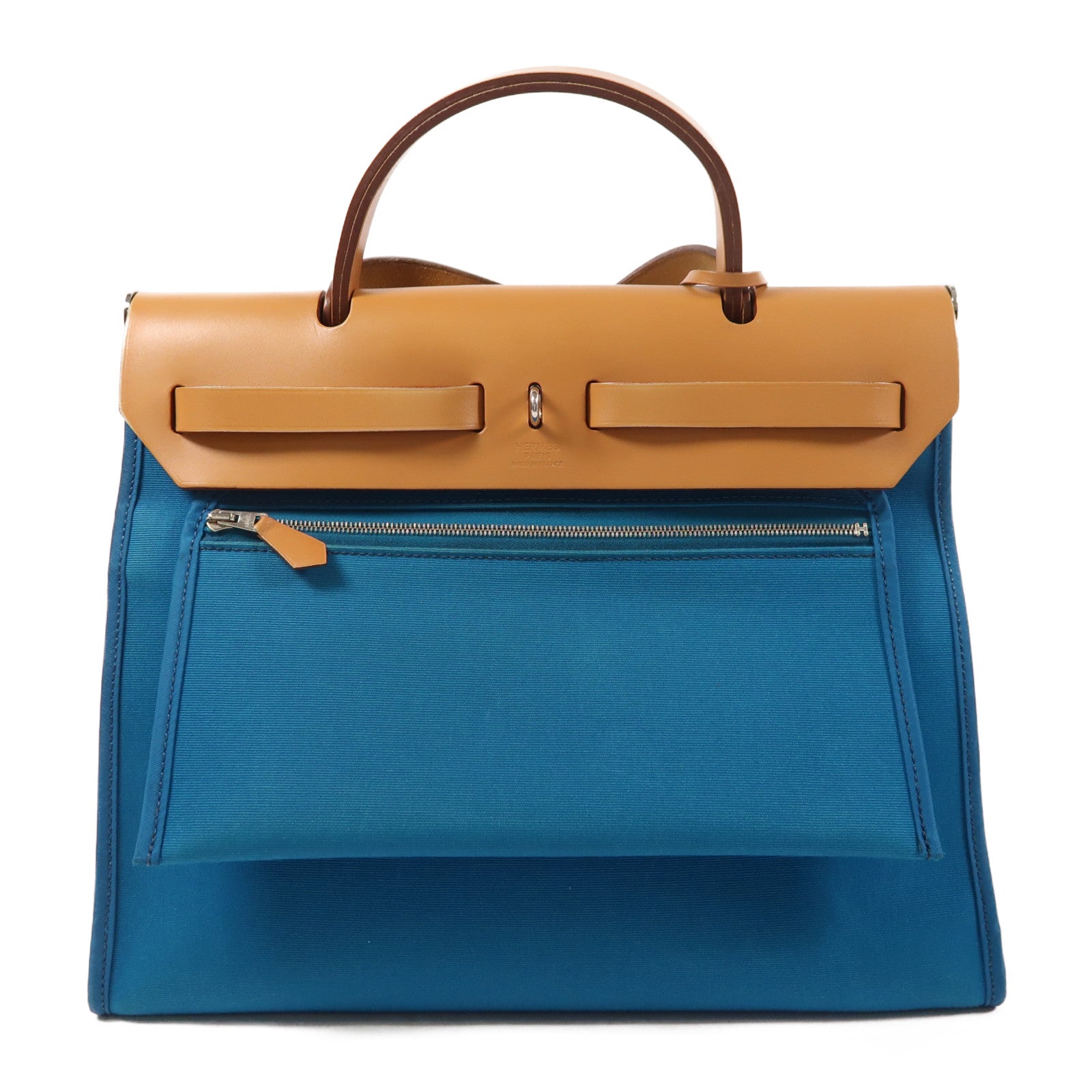 HERMES 帆布Herbag PM銀扣手挽肩背兩用袋Bleu Aztequ