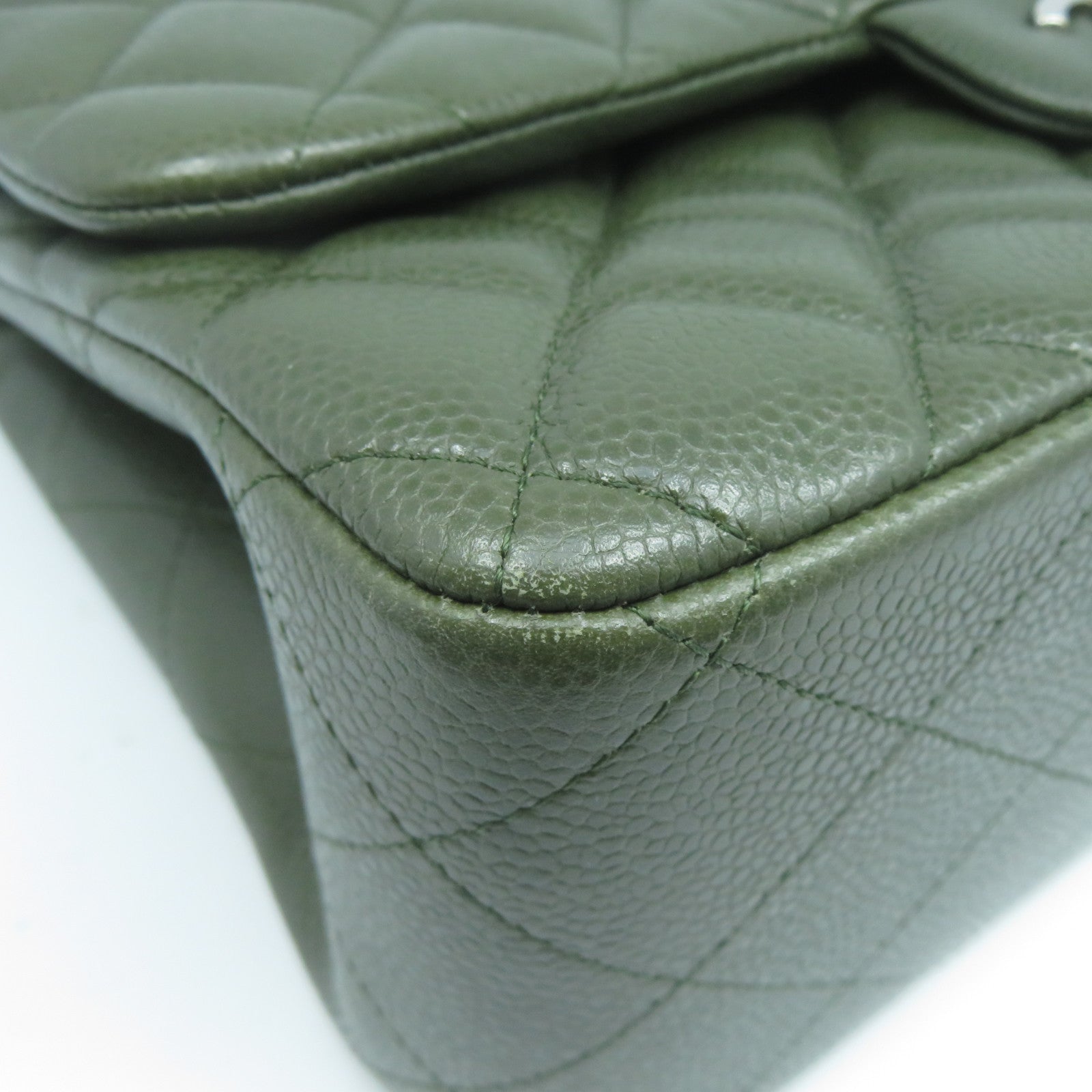 CHANEL **【激減優惠】Caviar皮革Classic Jumbo銀扣鏈帶肩背袋綠色