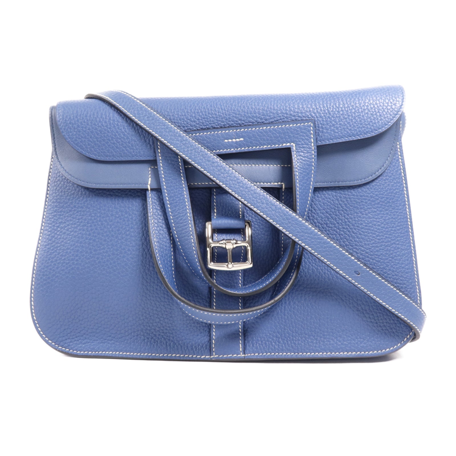 HERMES Clemence皮革 Halzan 31銀扣手挽肩背兩用袋Bleu Agat