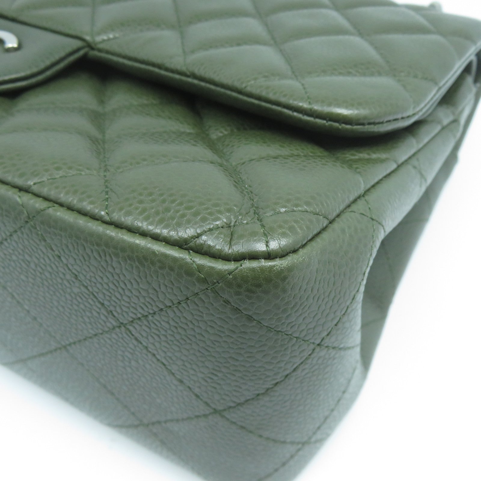 CHANEL **【激減優惠】Caviar皮革Classic Jumbo銀扣鏈帶肩背袋綠色