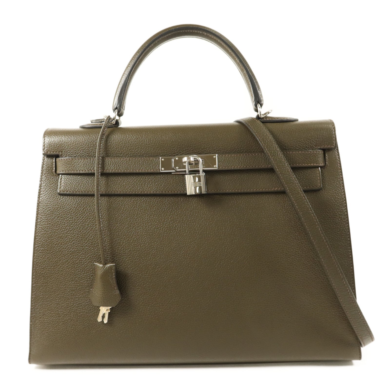 HERMES Chevre皮革Kelly 35銀扣手挽肩背兩用袋Vert Olive