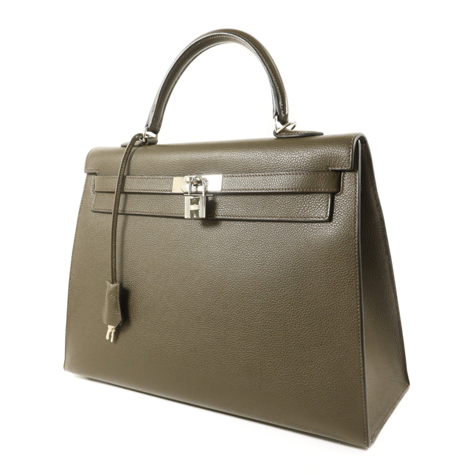 HERMES Chevre皮革Kelly 35銀扣手挽肩背兩用袋Vert Olive