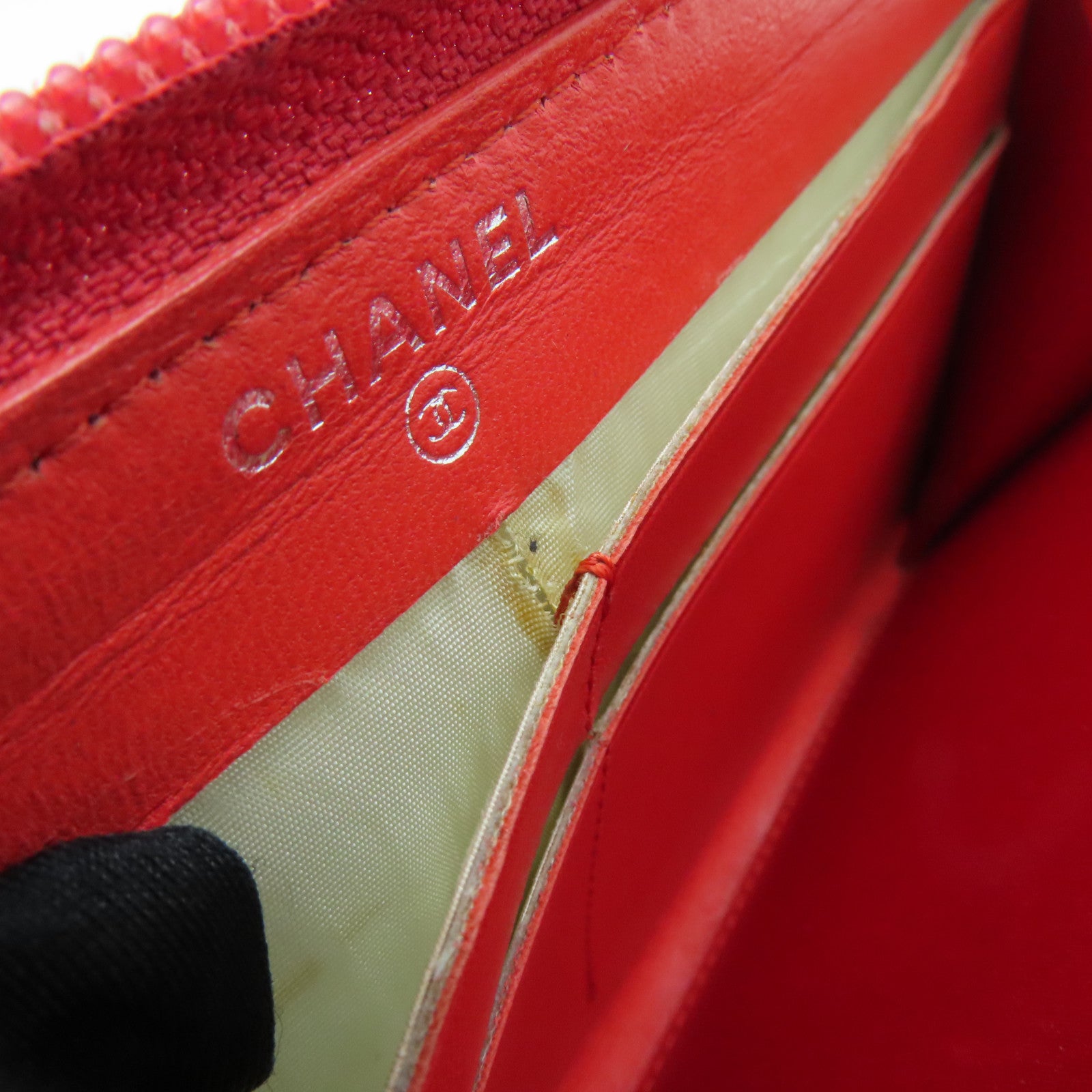 CHANEL Sheepskin Leather Long Wallet Silver Buckle Long Wallet Red