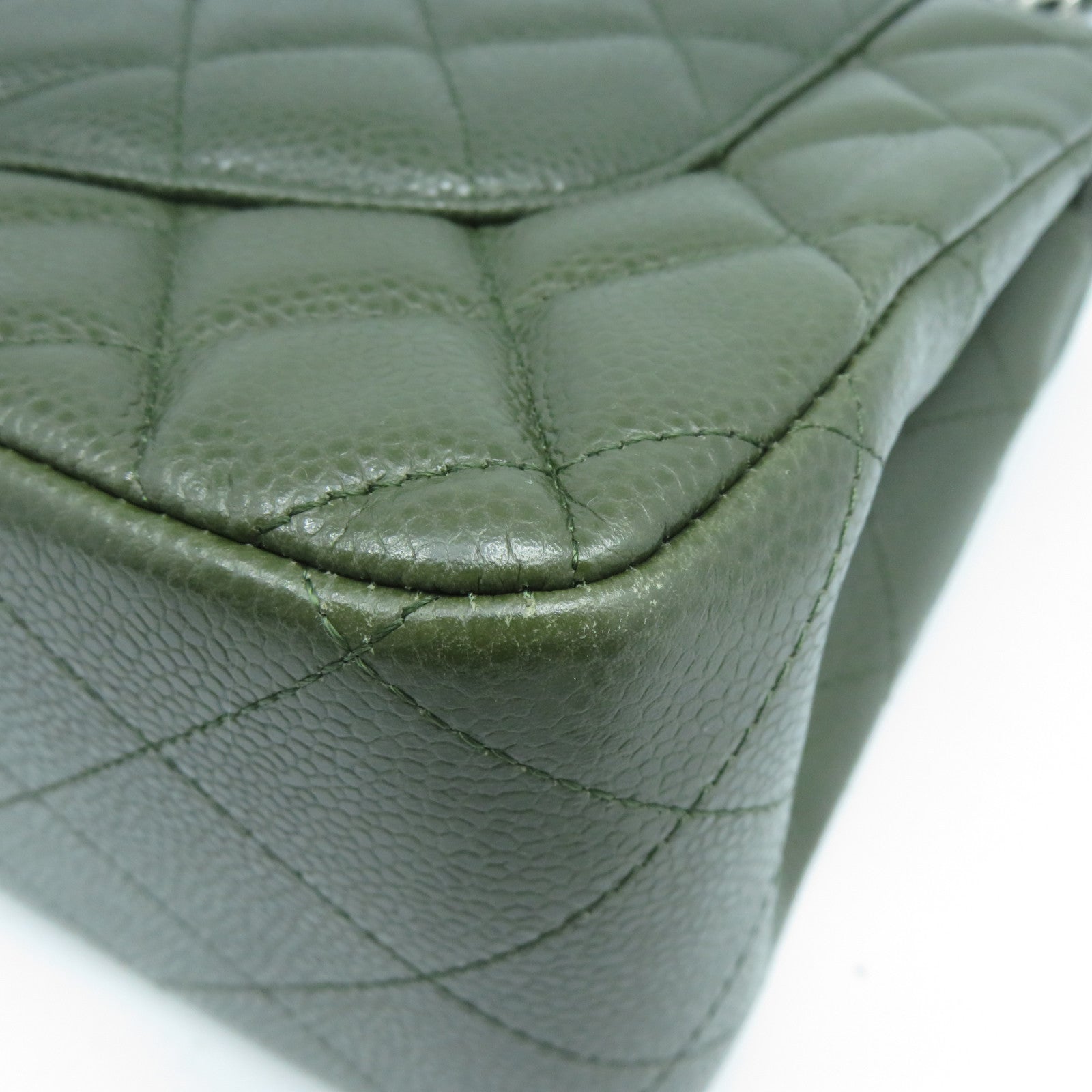CHANEL **【激減優惠】Caviar皮革Classic Jumbo銀扣鏈帶肩背袋綠色