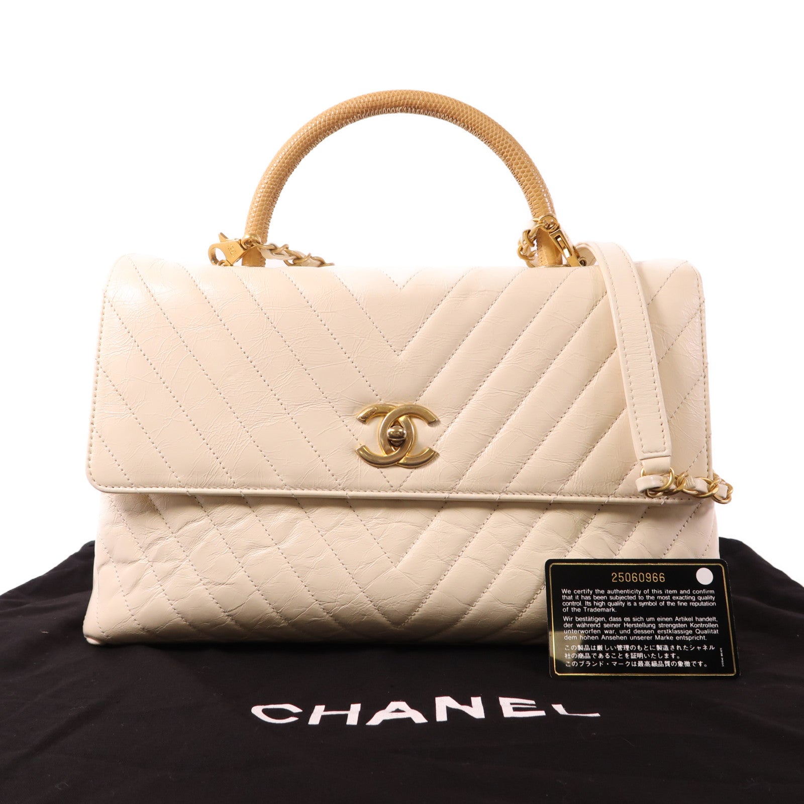 CHANEL 牛皮皮革/蜥蜴皮革Chevron CoCo Handle金扣手挽肩背兩用袋