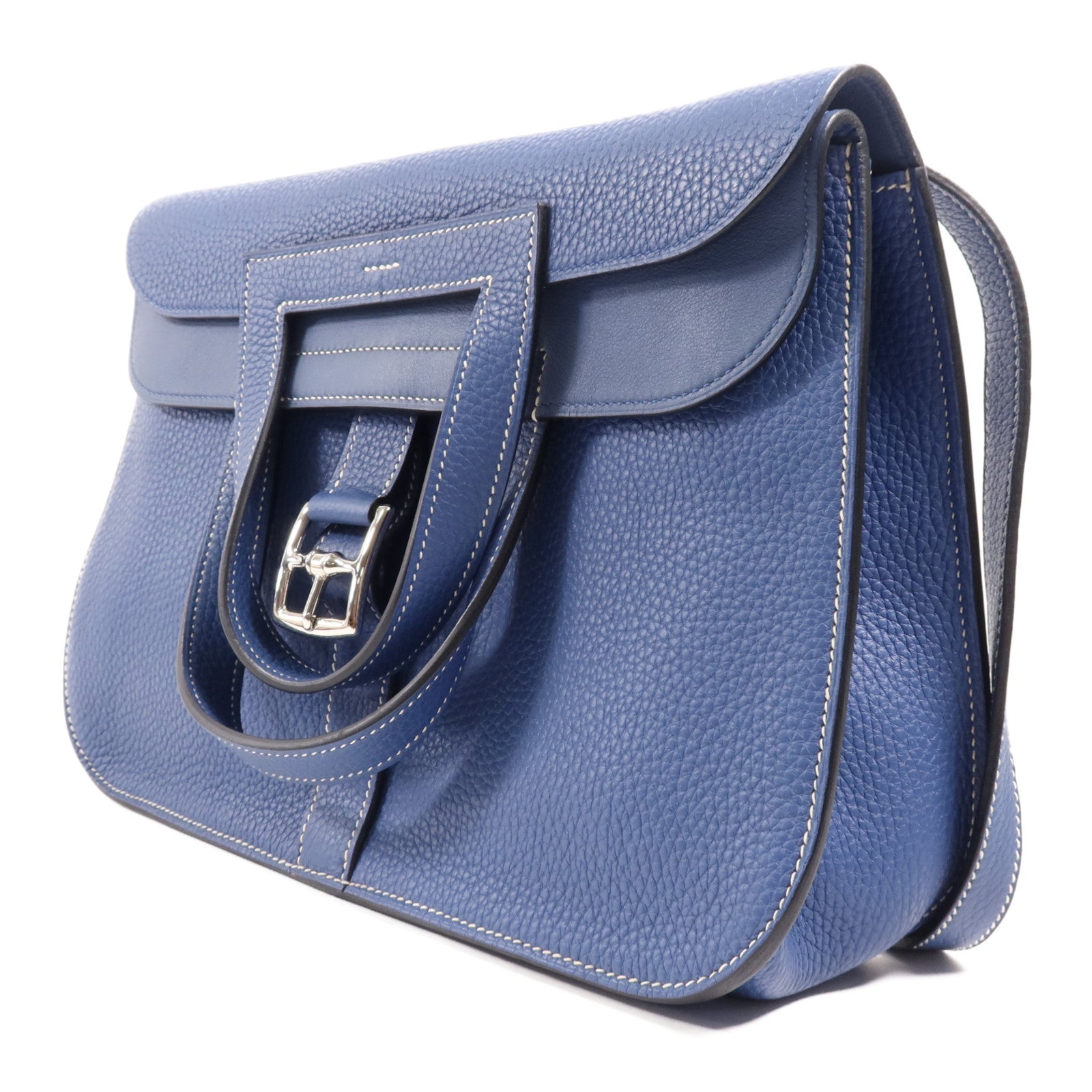 HERMES Clemence皮革 Halzan 31銀扣手挽肩背兩用袋Bleu Agat