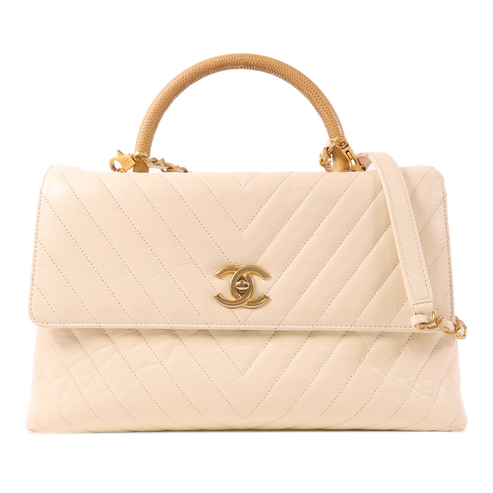 CHANEL 牛皮皮革/蜥蜴皮革Chevron CoCo Handle金扣手挽肩背兩用袋