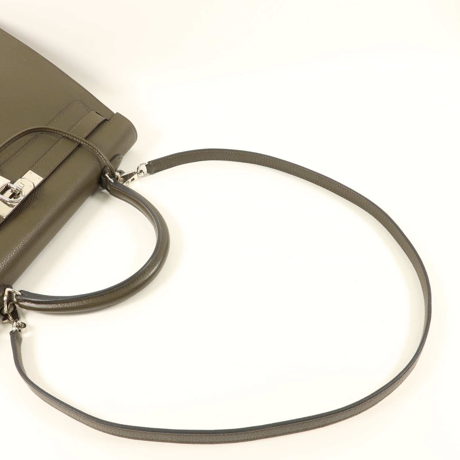 HERMES Chevre皮革Kelly 35銀扣手挽肩背兩用袋Vert Olive
