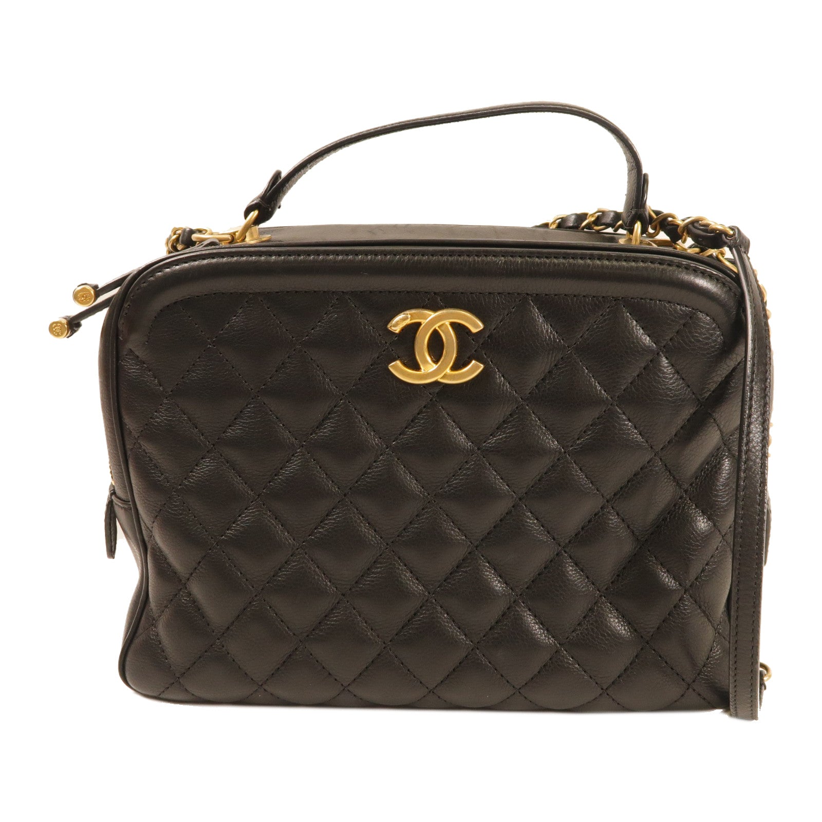 CHANEL 羊皮皮革Chain Shoulder金扣手挽肩背兩用袋黑色