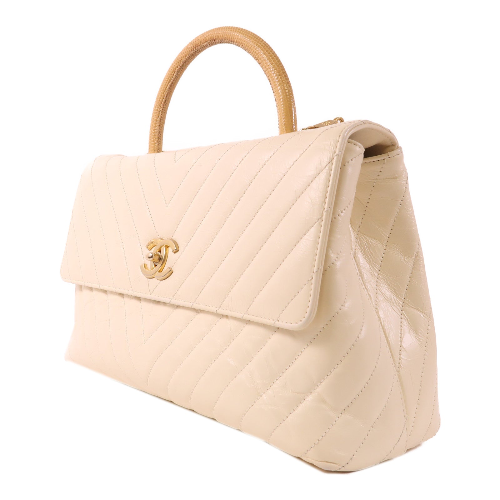 CHANEL 牛皮皮革/蜥蜴皮革Chevron CoCo Handle金扣手挽肩背兩用袋