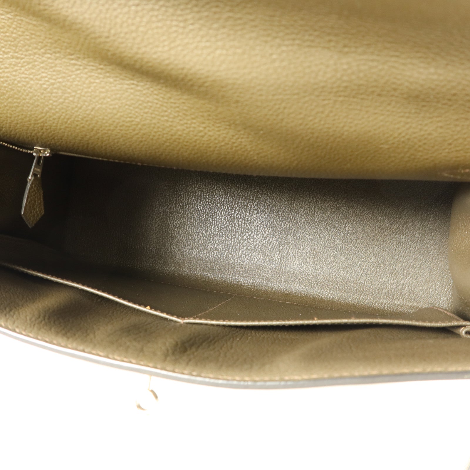 HERMES Chevre皮革Kelly 35銀扣手挽肩背兩用袋Vert Olive