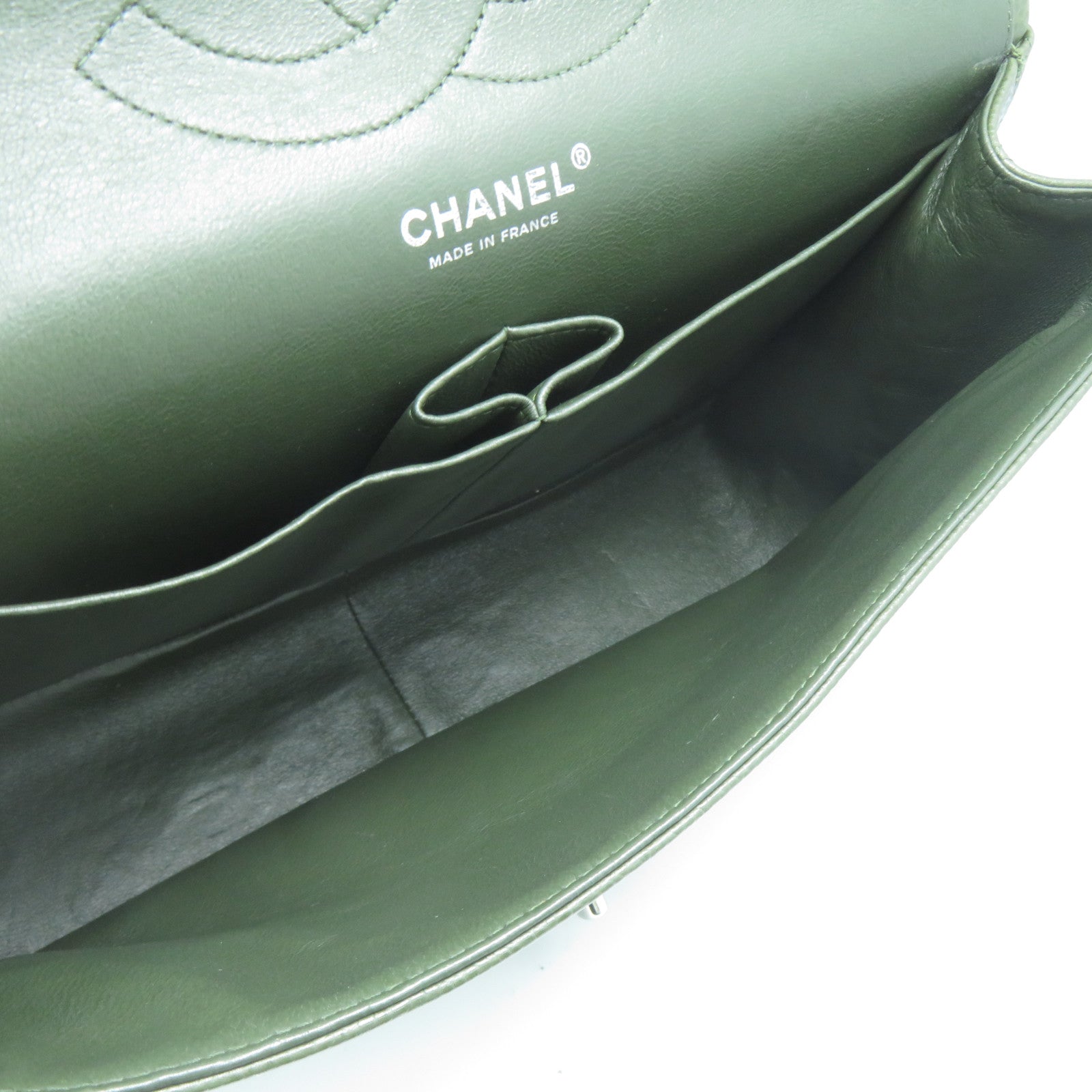 CHANEL **【激減優惠】Caviar皮革Classic Jumbo銀扣鏈帶肩背袋綠色