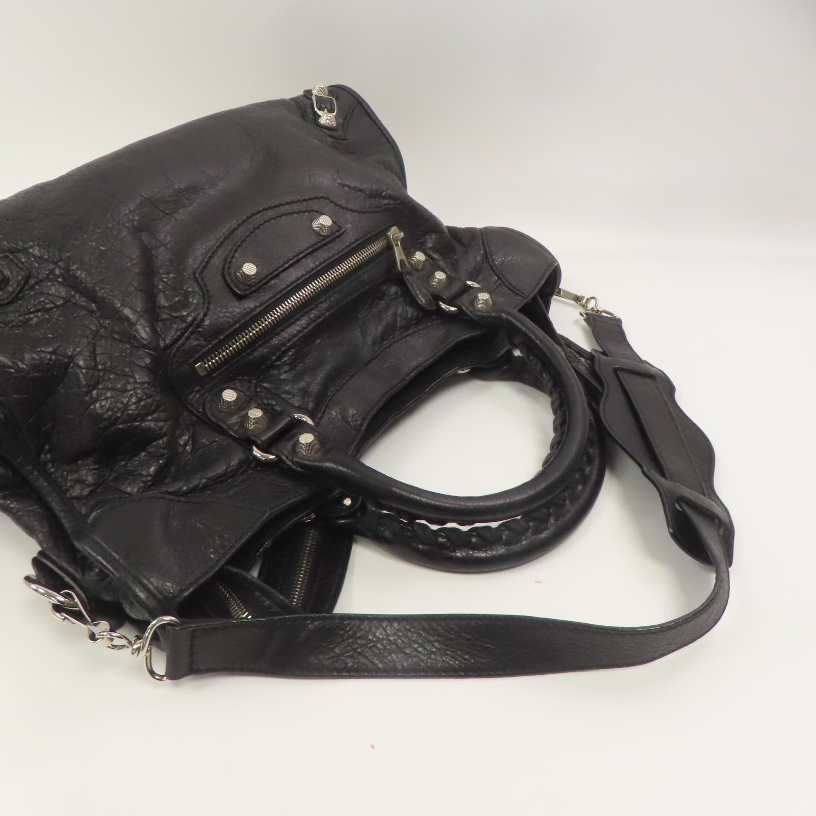 BALENCIAGA 牛皮皮革Giant City Bag銀扣手挽肩背兩用袋黑色