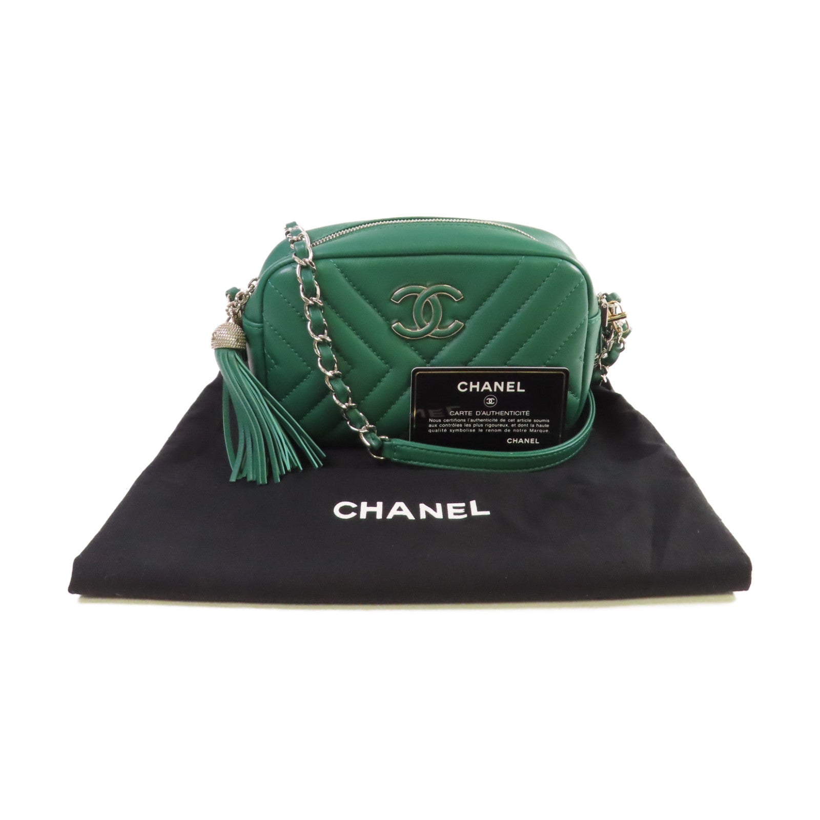 CHANEL 羊皮皮革Camera Bag銀扣鏈帶肩背袋綠色