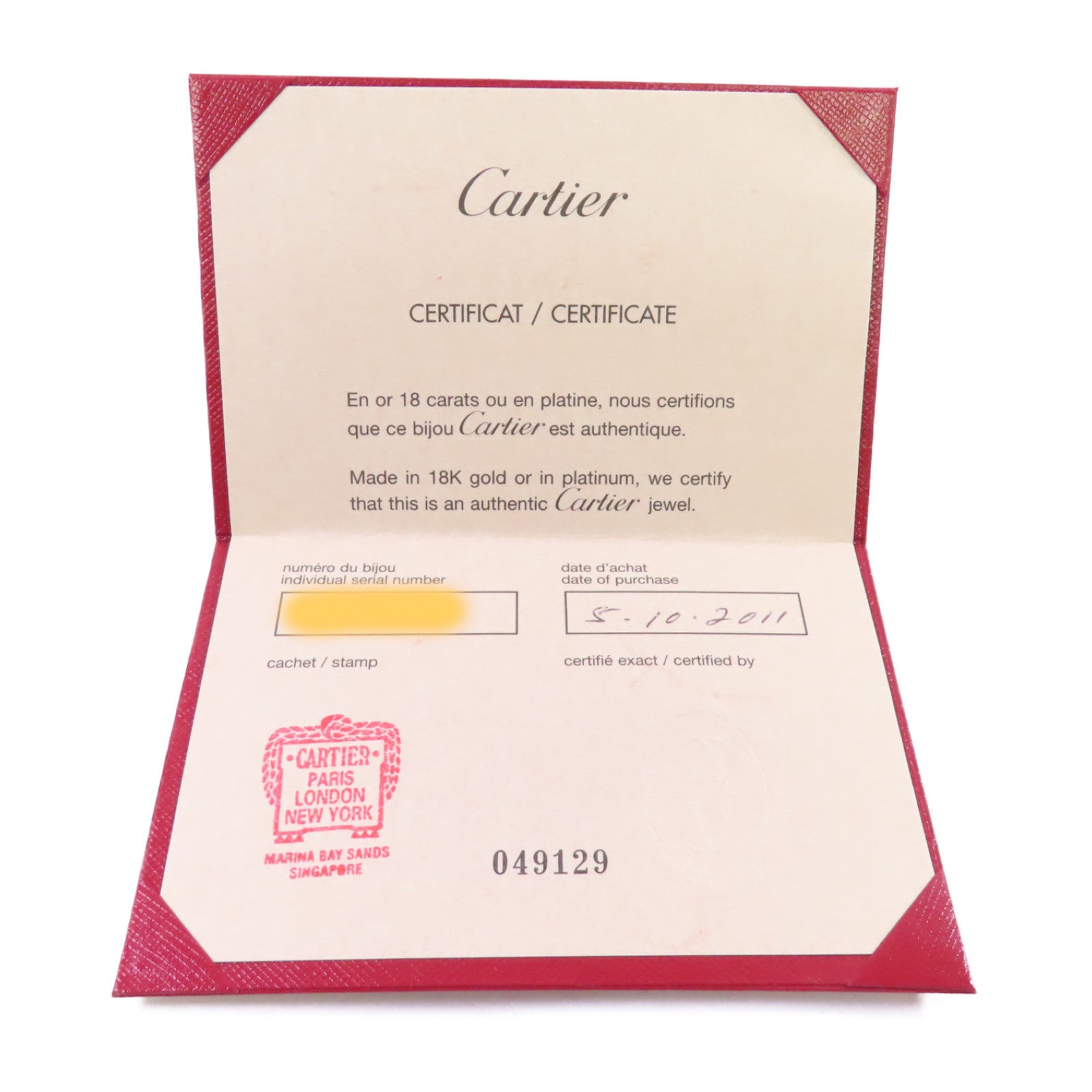 CARTIER PT950鉑金/0.55ct鑽石Diamond Engagement Ring戒指US#4.25/#48