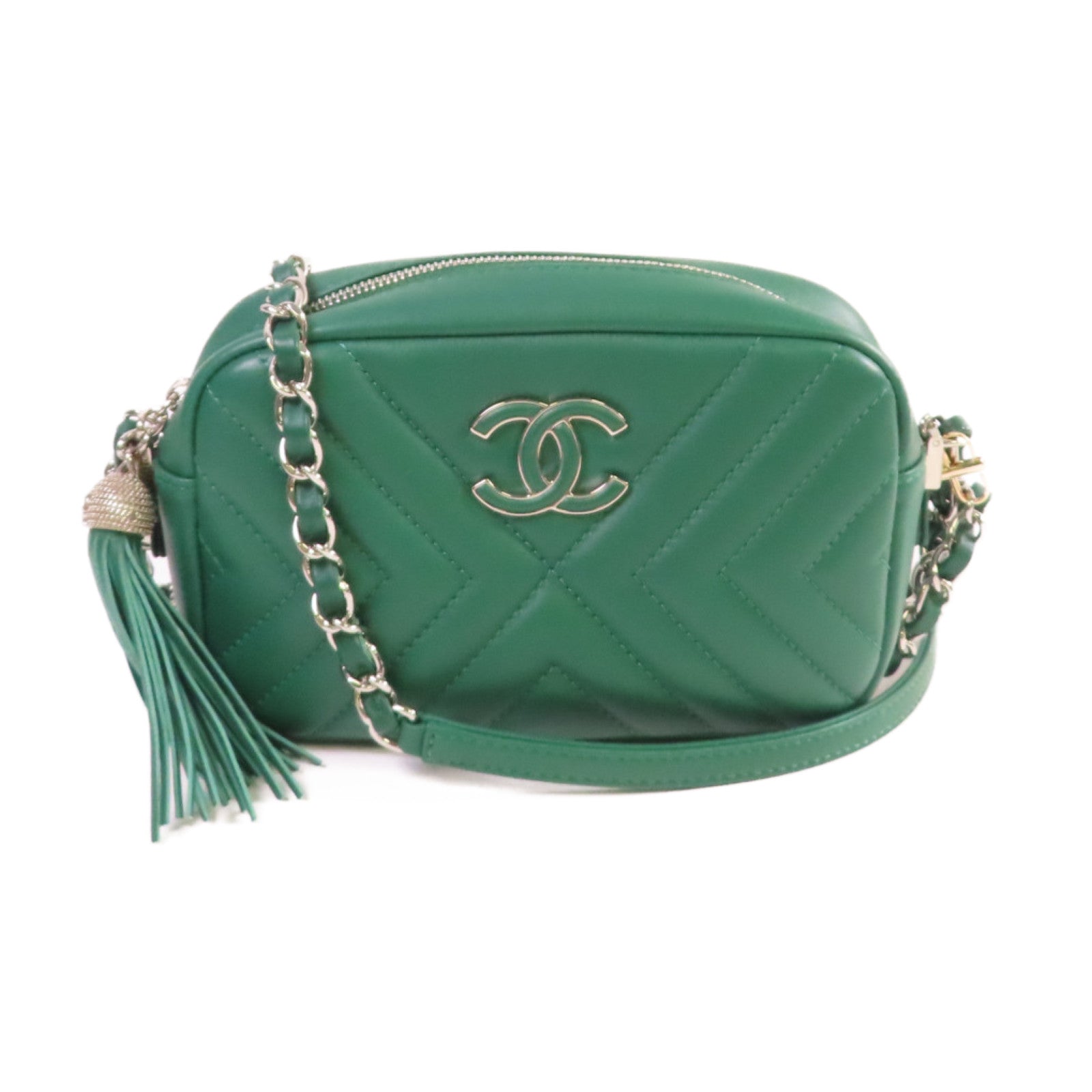 CHANEL 羊皮皮革Camera Bag銀扣鏈帶肩背袋綠色