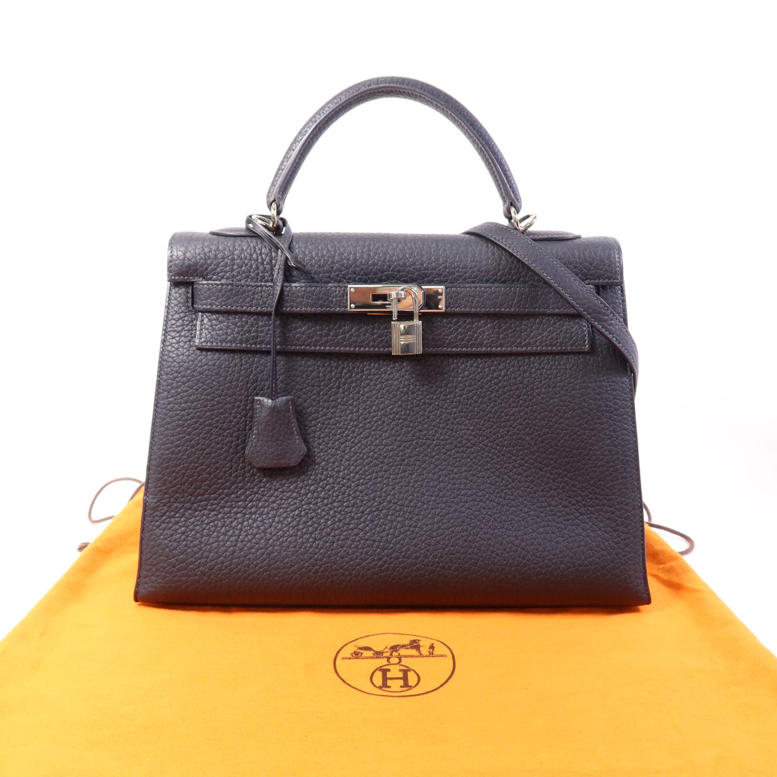 HERMES Fjord皮革Kelly 32銀扣手挽肩背兩用袋Navy