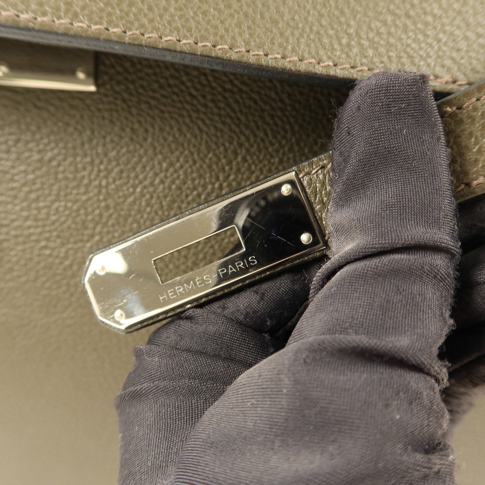 HERMES Chevre皮革Kelly 35銀扣手挽肩背兩用袋Vert Olive