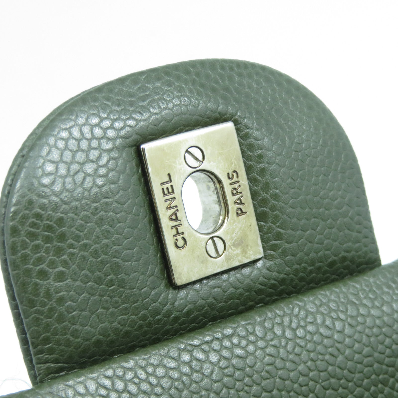 CHANEL **【激減優惠】Caviar皮革Classic Jumbo銀扣鏈帶肩背袋綠色