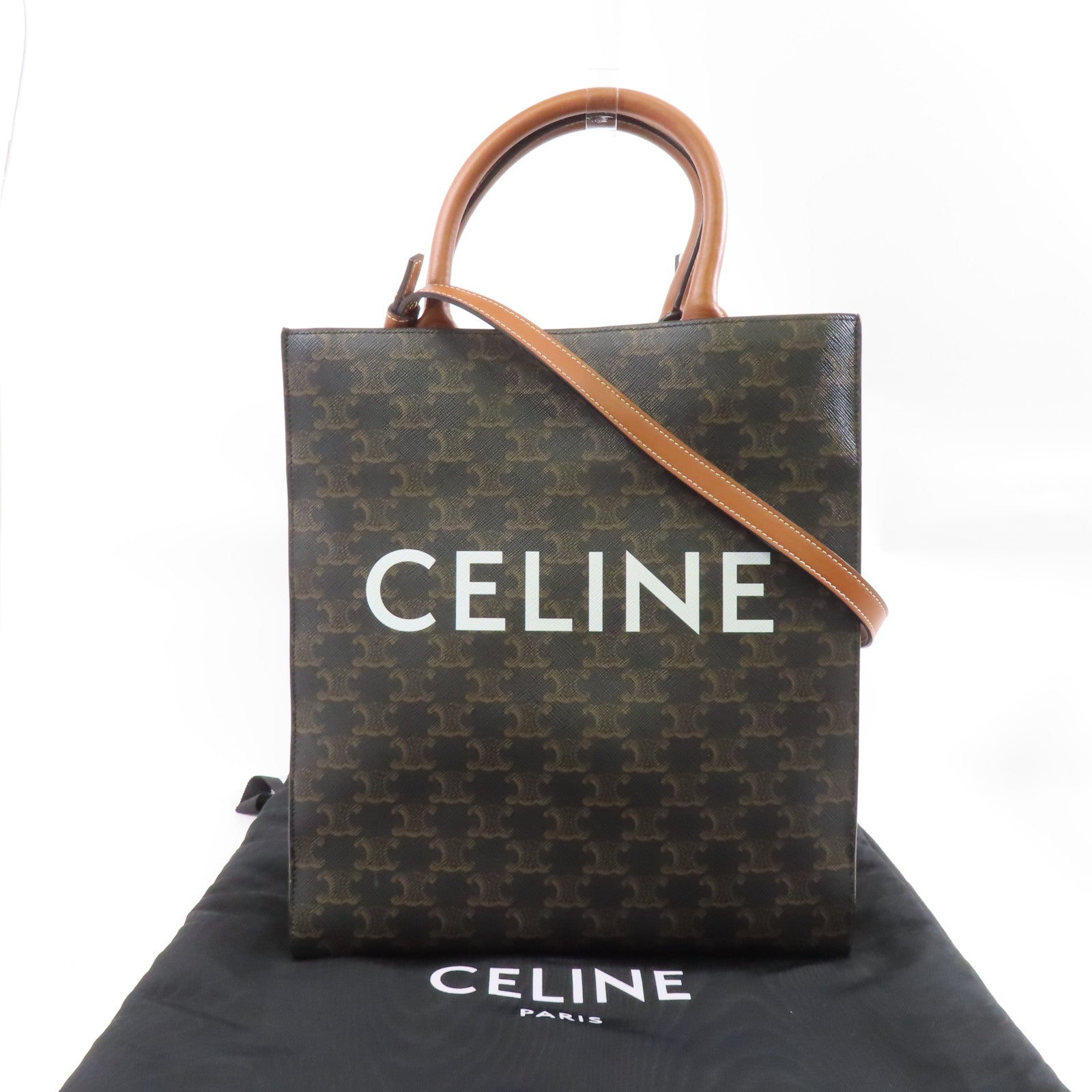 CELINE 塗層帆布Small Cabas Vertical Triomphe金扣肩背袋啡色