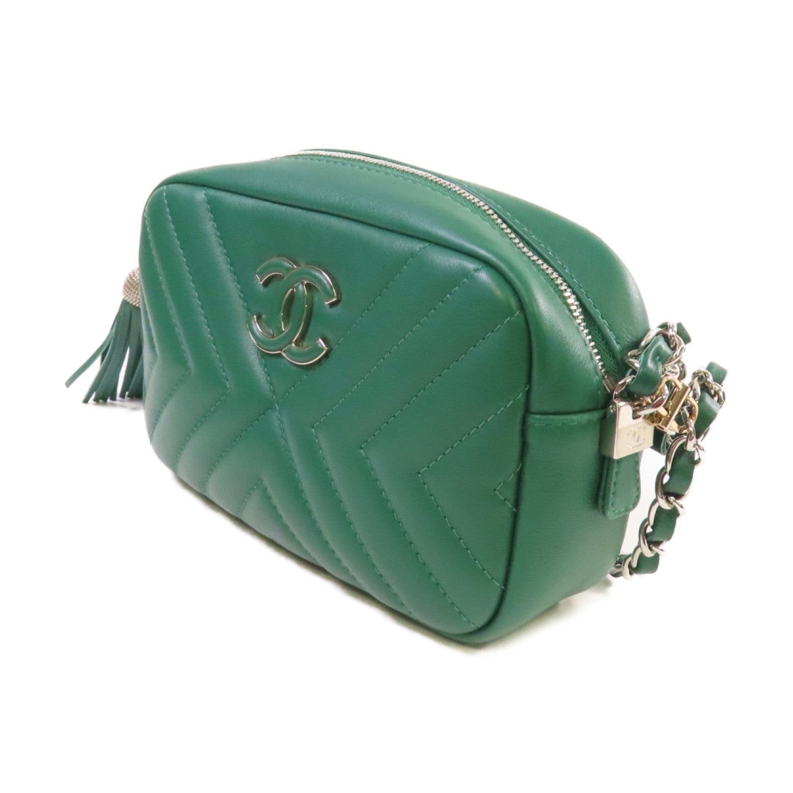 CHANEL 羊皮皮革Camera Bag銀扣鏈帶肩背袋綠色