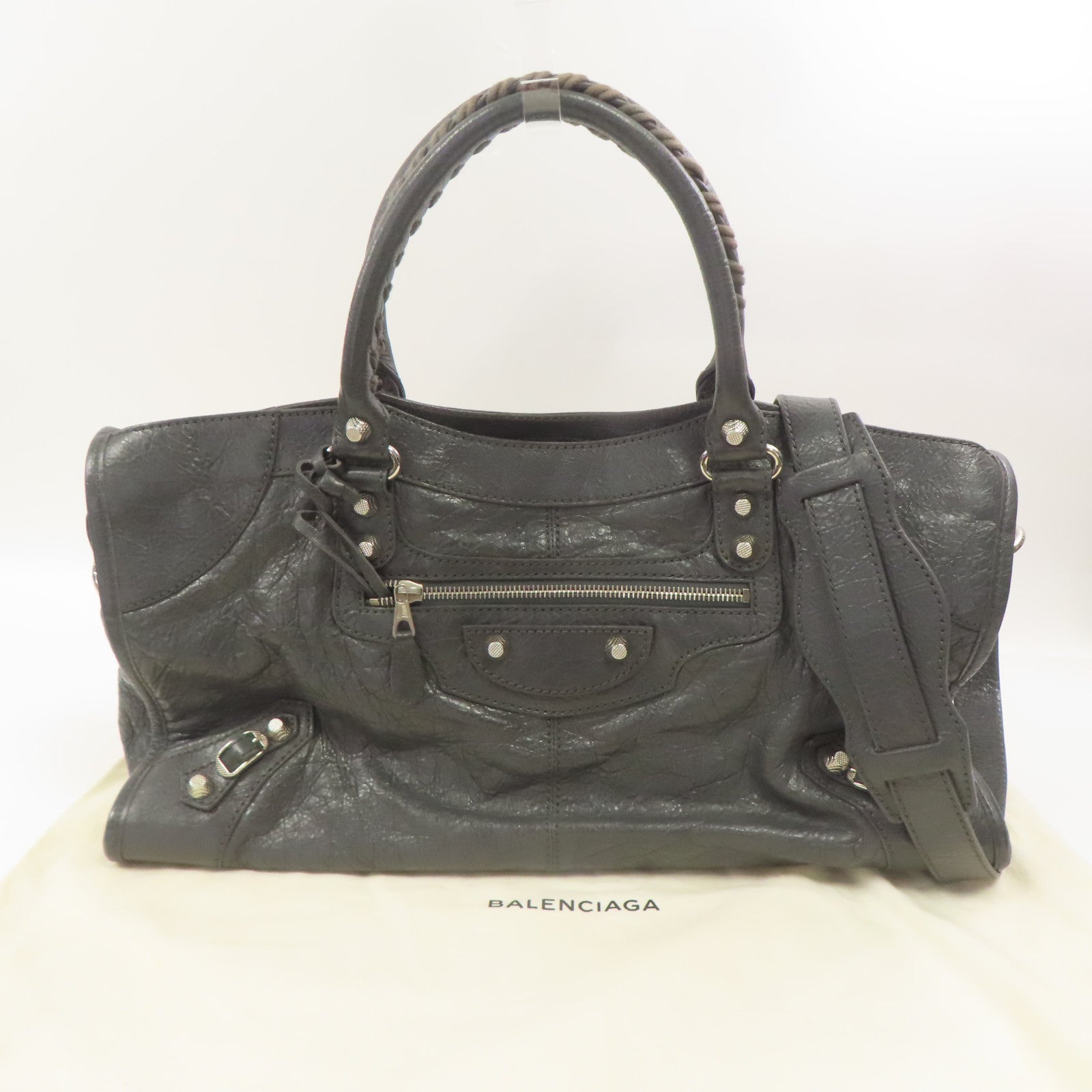 BALENCIAGA 牛皮皮革Giant Part Time銀扣手挽肩背兩用袋灰色