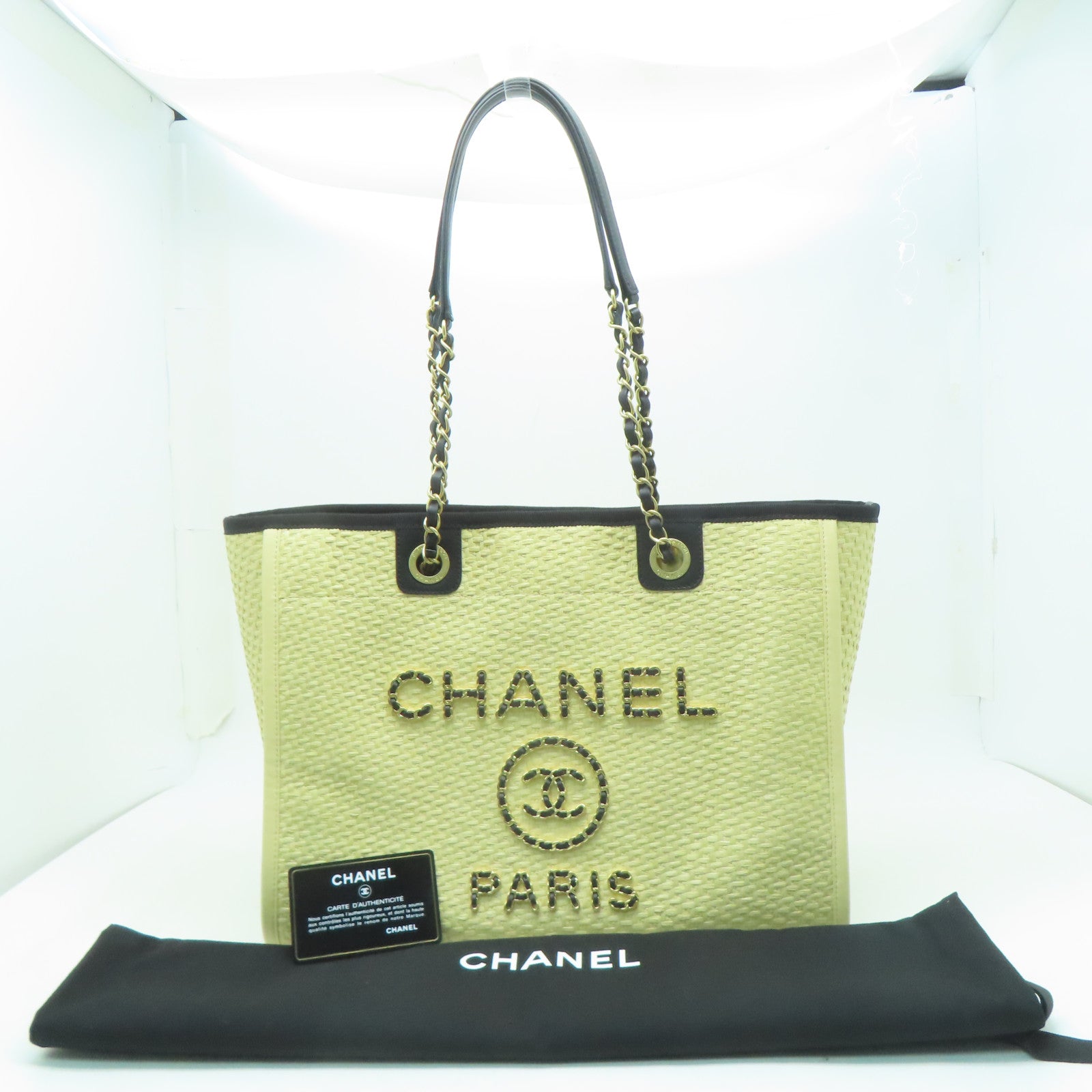 CHANEL 【激減優惠】斜紋軟呢Chanel Deauville金扣鏈帶肩背袋米色