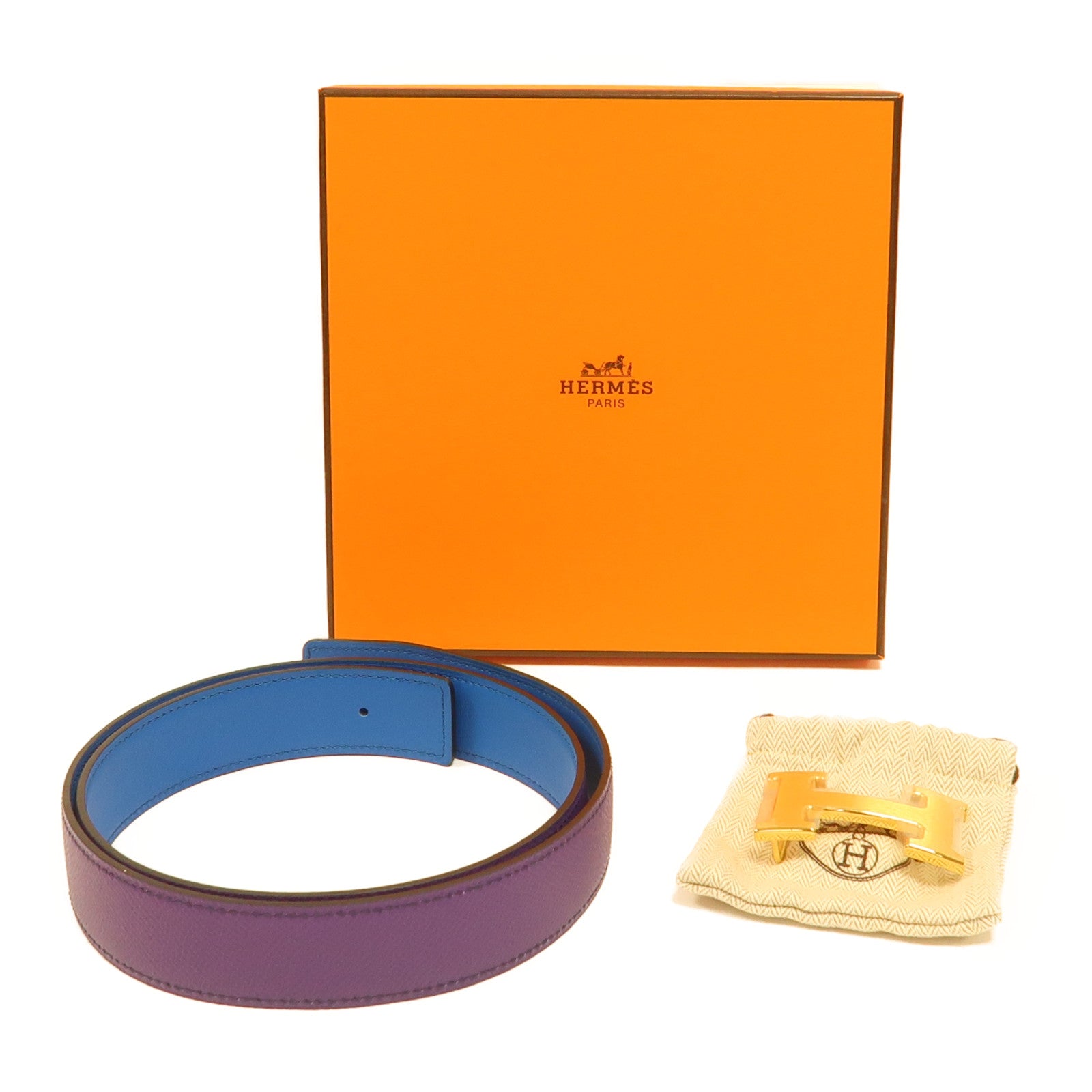 HERMES Epsom皮革H Belt 85Cm金扣皮帶紫色/紫色