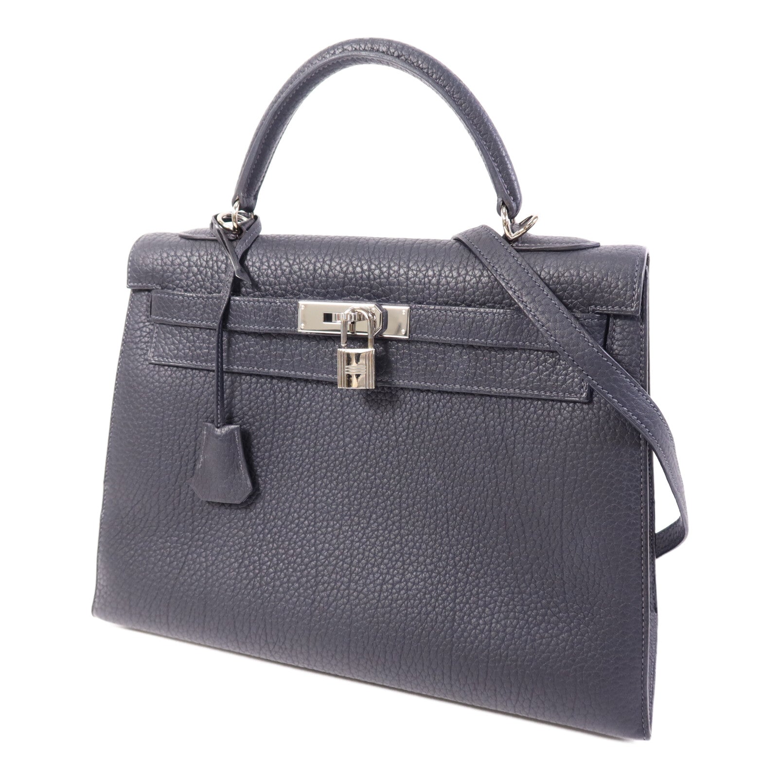 HERMES Fjord皮革Kelly 32銀扣手挽肩背兩用袋Navy