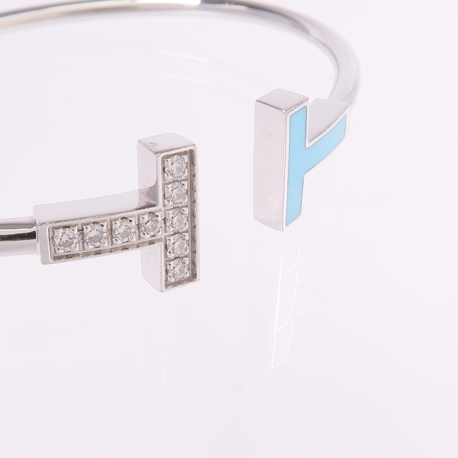TIFFANY＆CO 18K白金T Diamond and Turquoise Wire Bracelet鑽石/綠松石手鐲