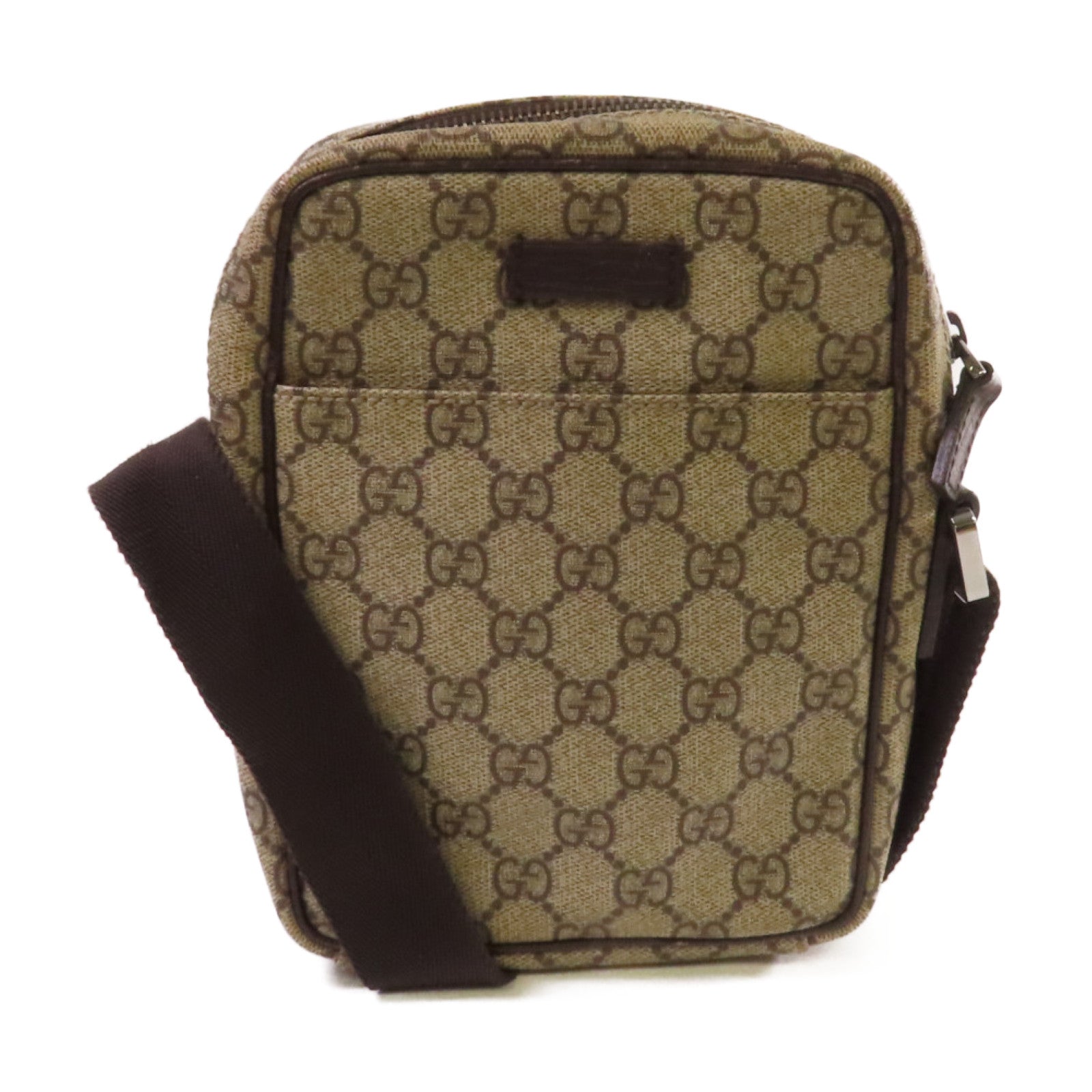 GUCCI 【清倉大減價】塗層帆布GG Supreme銀扣肩背袋啡色