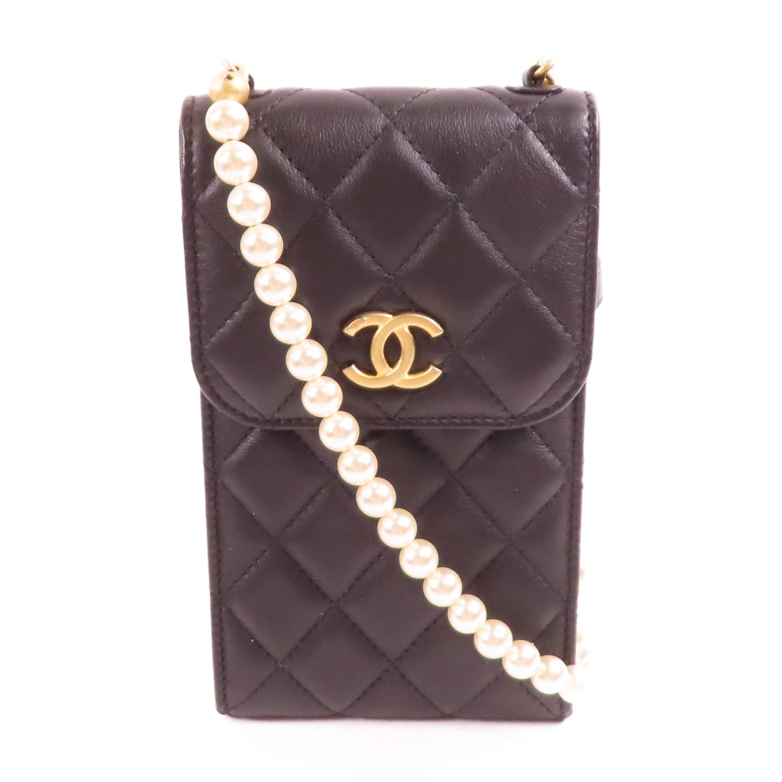 CHANEL CC GHW Long Strap Phone Bag Shoulder Bag Calfskin Leather Black