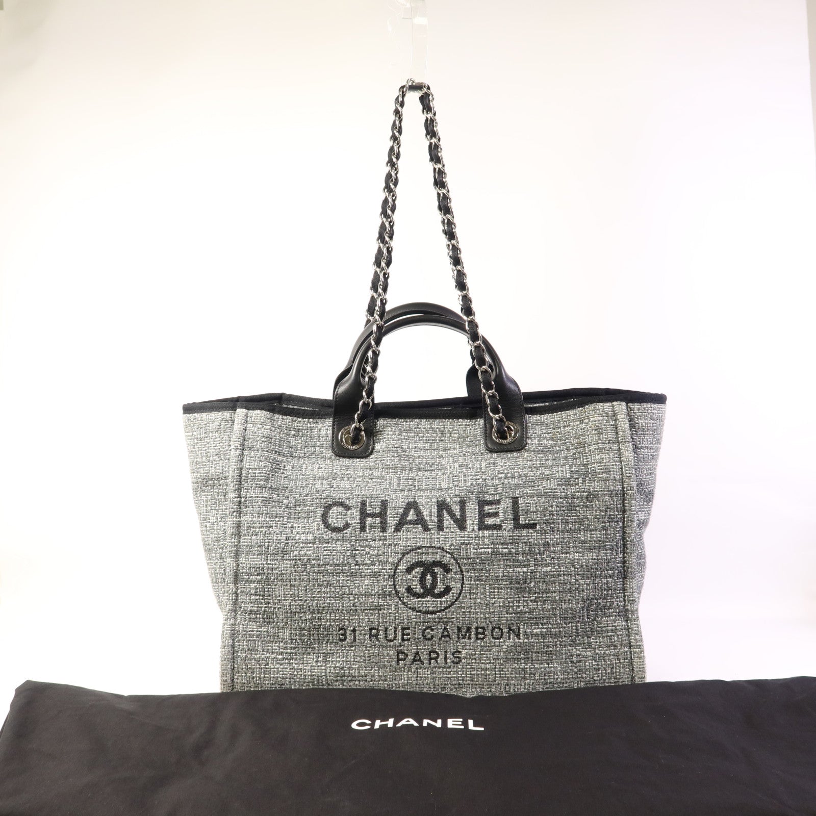 CHANEL 帆布Deauville Tote Bag銀扣手挽肩背兩用袋
