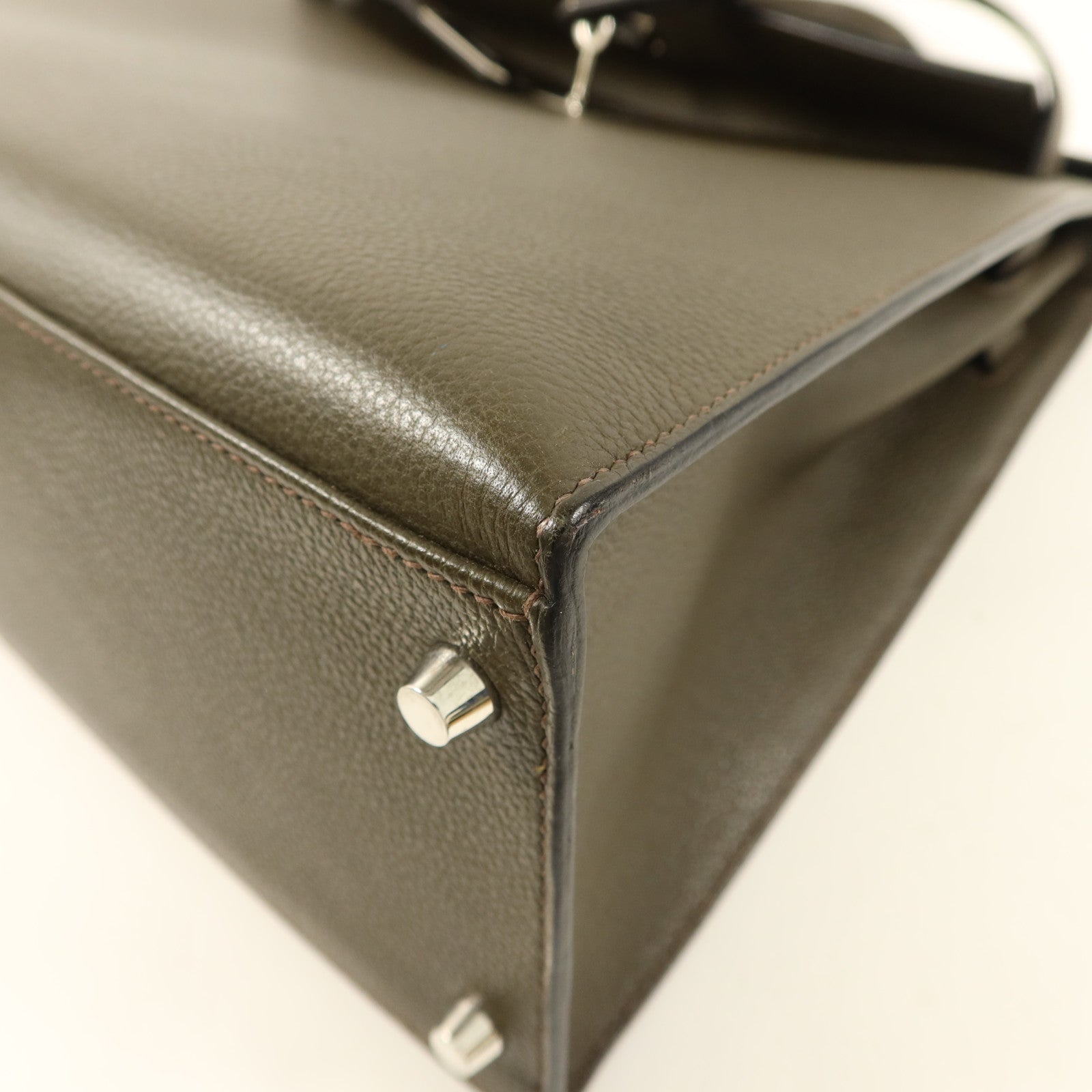 HERMES Chevre皮革Kelly 35銀扣手挽肩背兩用袋Vert Olive
